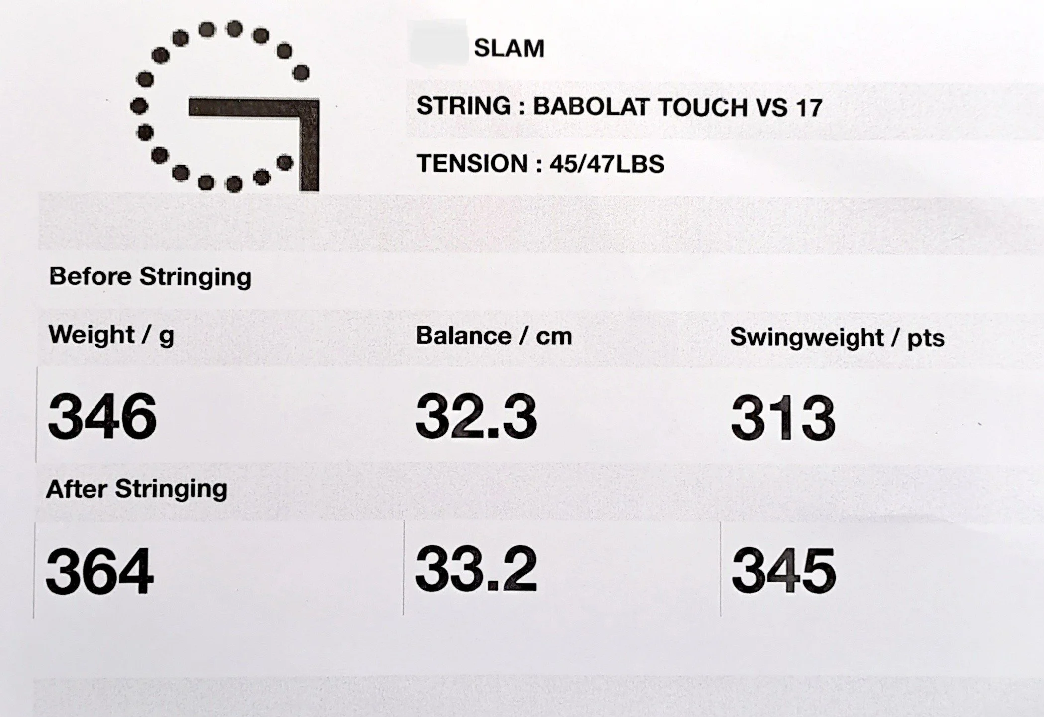 black and white image of card giving racket spec numbers.