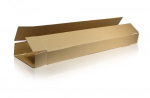An un-assembled cardboard tennis racket carton.