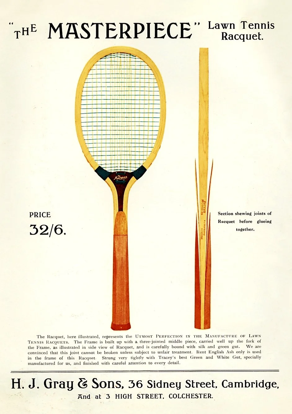 Heritage advertisement for The Masterpiece wooden lawn tennis racket by H. J. Gray & Sons.