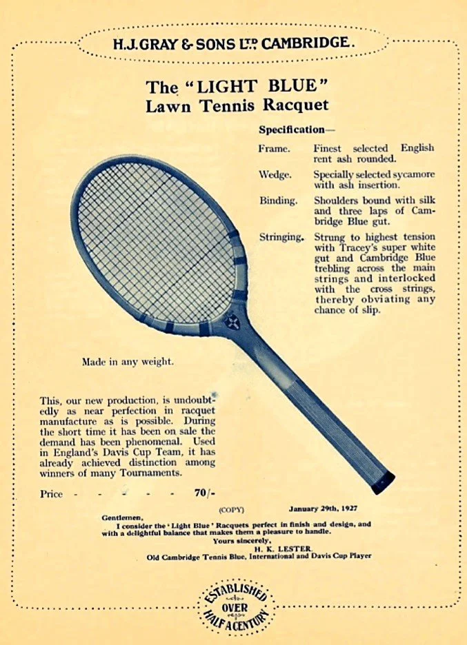 Heritage advertisement for the Grays Light Blue wooden tennis racket detailing the racket's specifications.