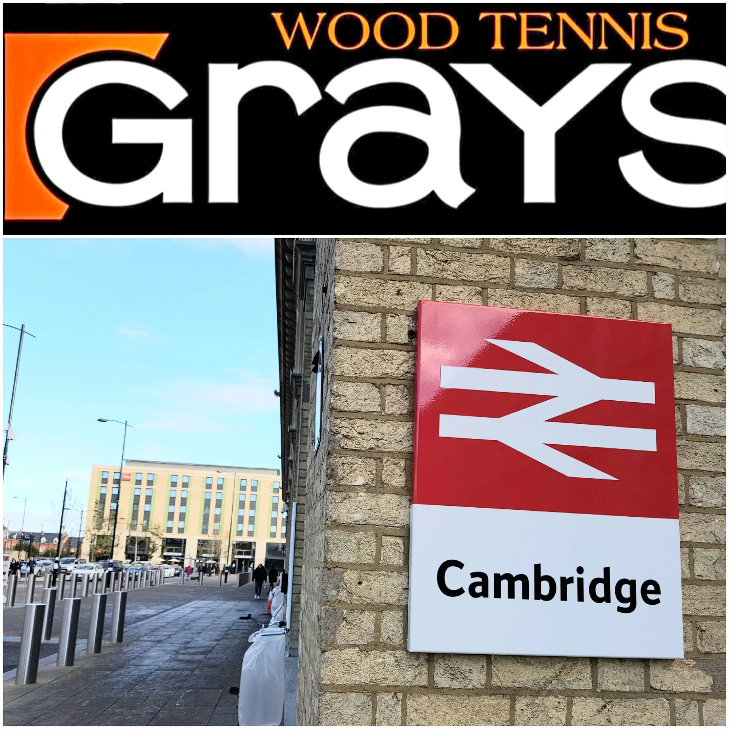 Grays Wood Tennis logo above Cambridge sign.