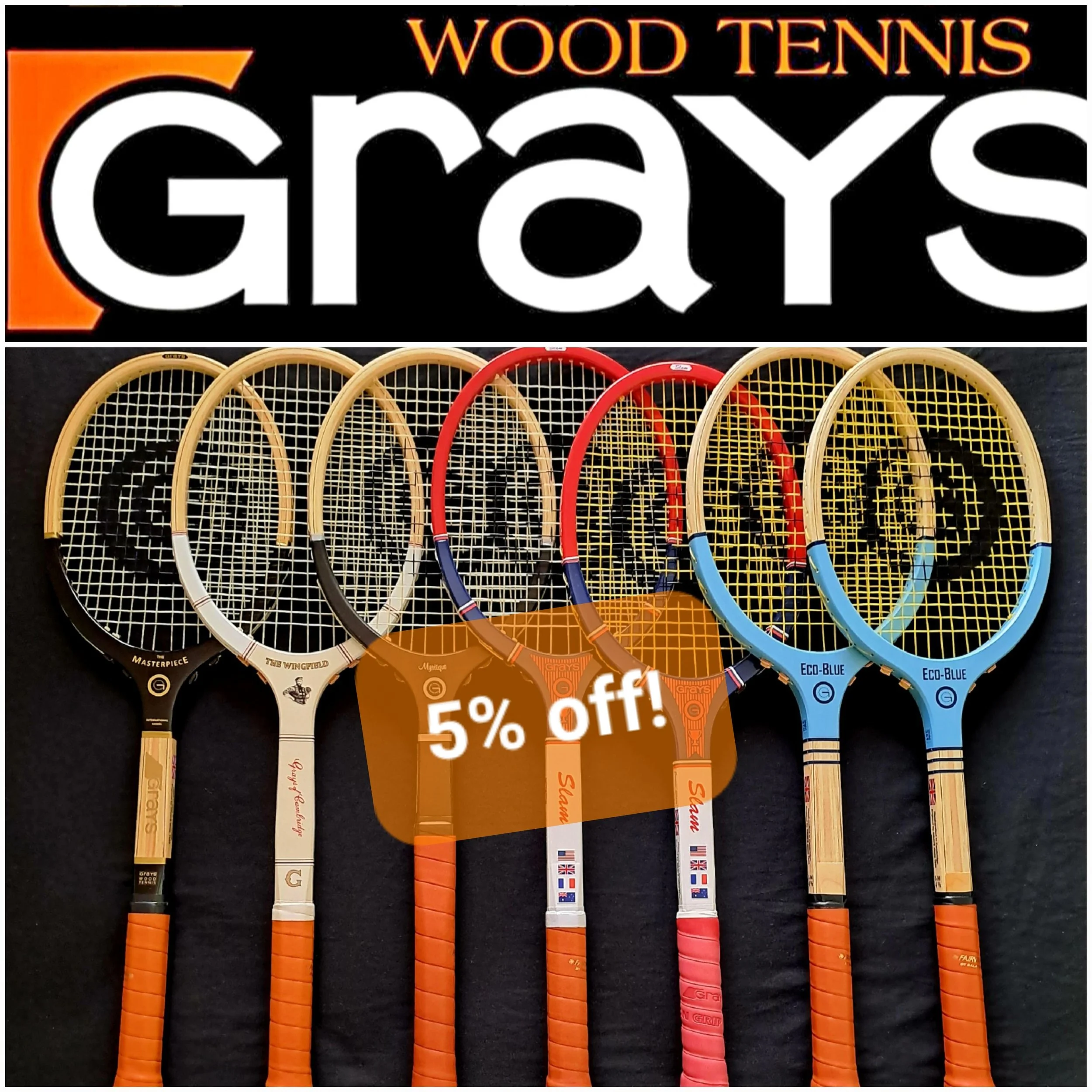 advertising image of five Grays rackets with 5% off label