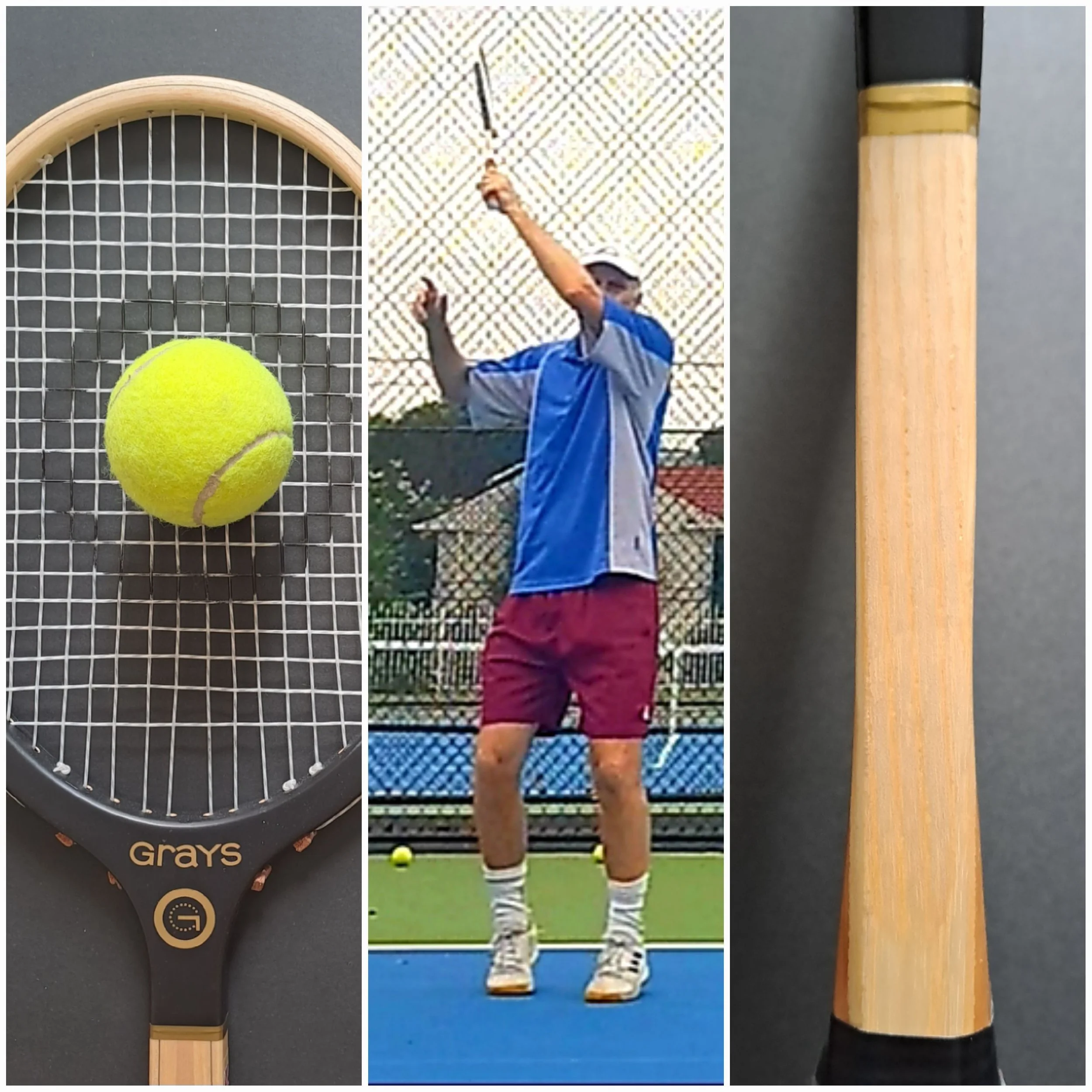 Triple image of wood racket head with ball, player and side shaft of wood racket.