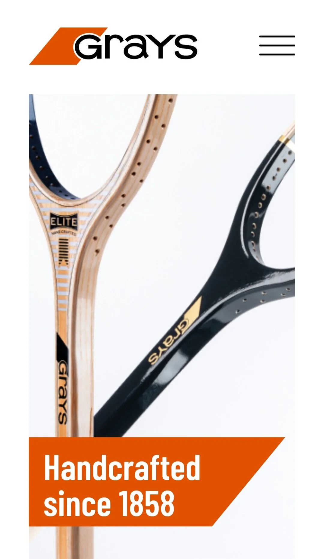 Grays logo and rackets with text "Handcrafted since 1858."