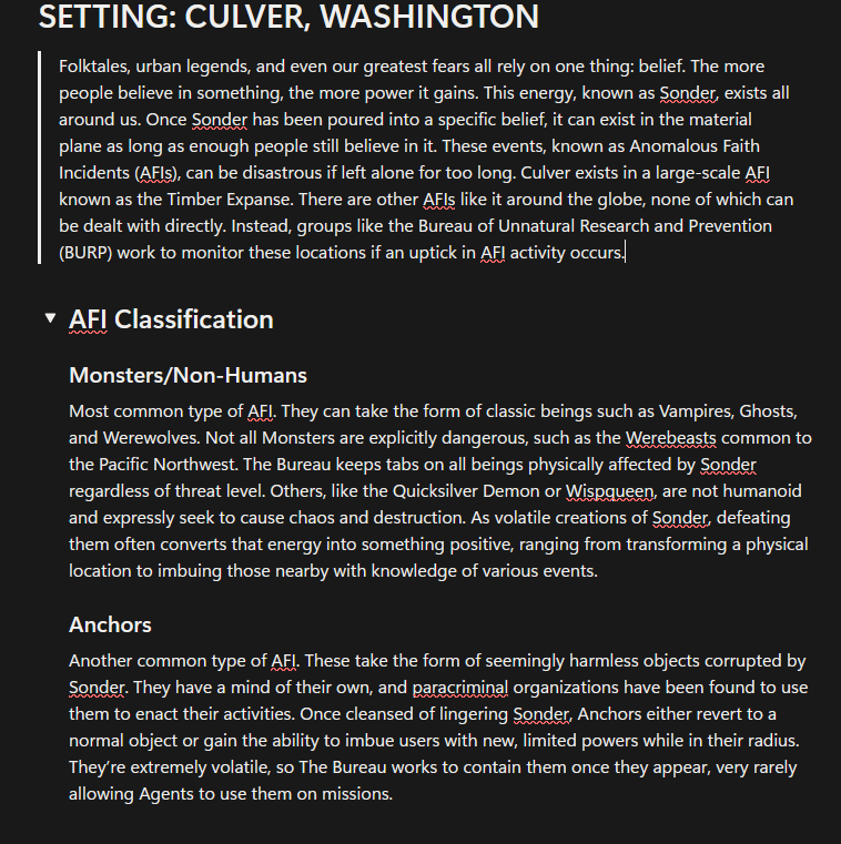 Sample Worldbuilding for a New Weird Urban Fantasy TTRPG Setting.