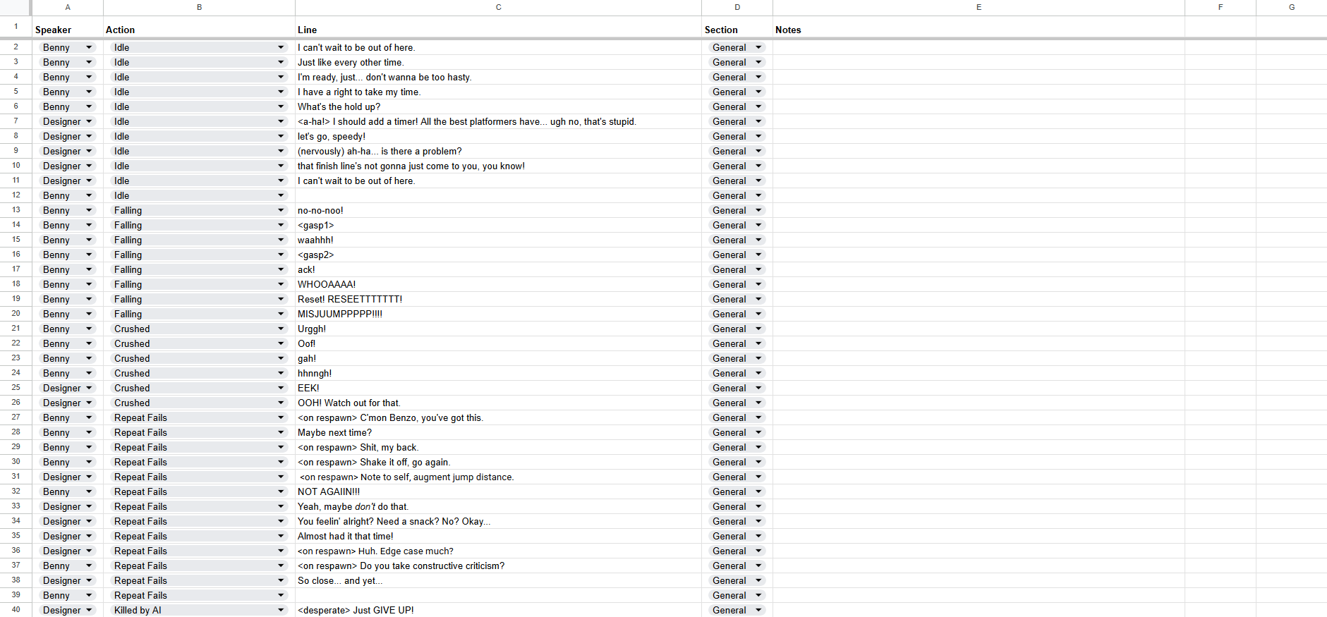 A spreadsheet of callout dialogue ("Barks") from TRY AGAIN (2023).