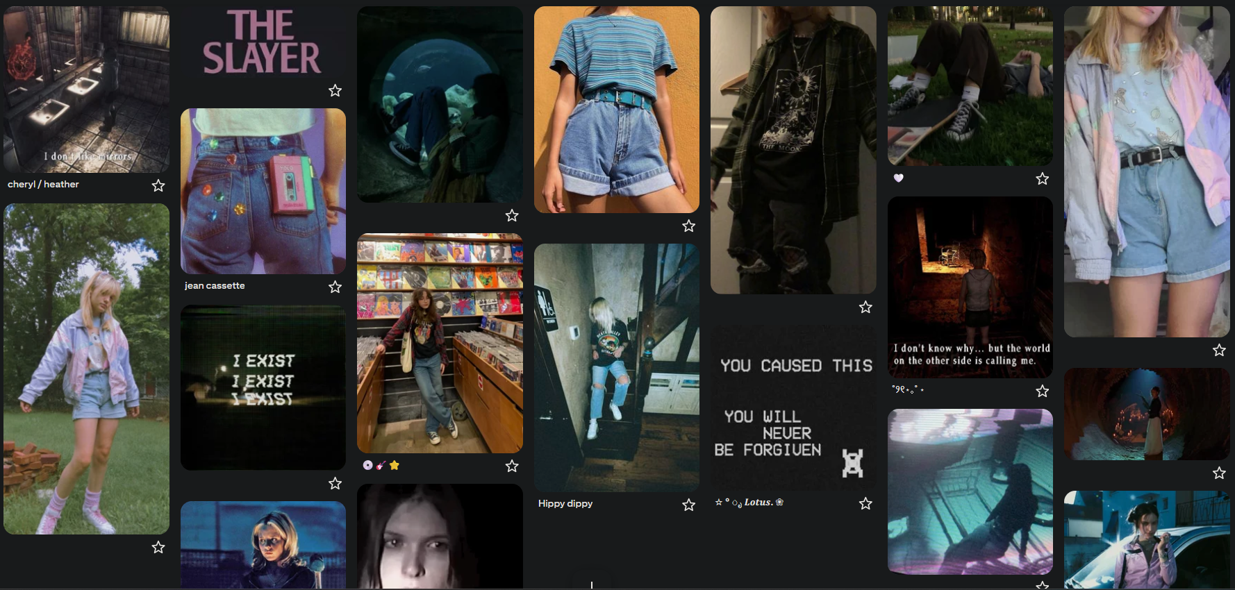 A section of the moodboard for Charlie Seeming, the player character. Inspired by 90s horror icons like Buffy the Vampire Slayer alongside alongside cheery skate-punk style. 