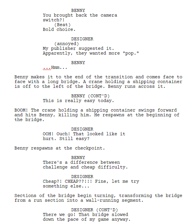A sample page of screenplay dialogue from TRY AGAIN (2023).