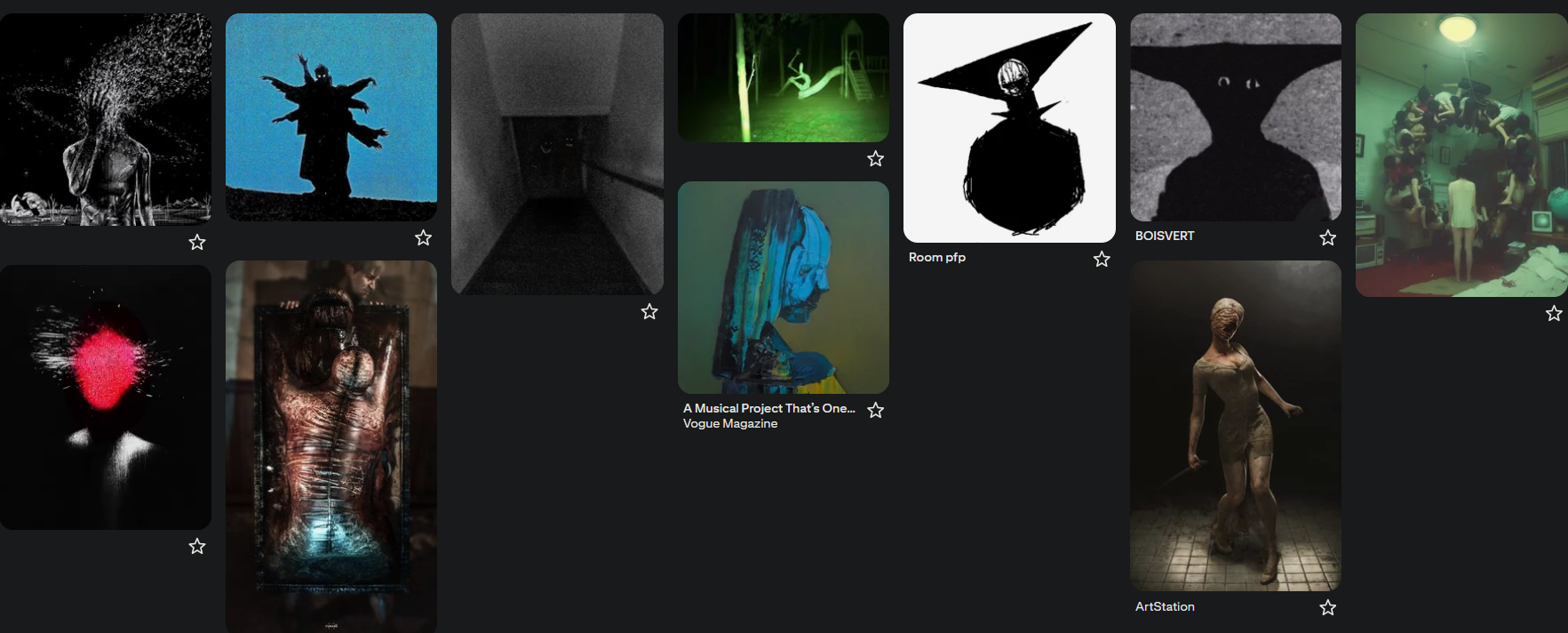 A section of the moodboard for monsters seen in the Cassette World. Designs focus on defamiliarization, corruption of the human form, and static disturbance physically affecting living beings when the tape in the cassette player distorts or skips. 