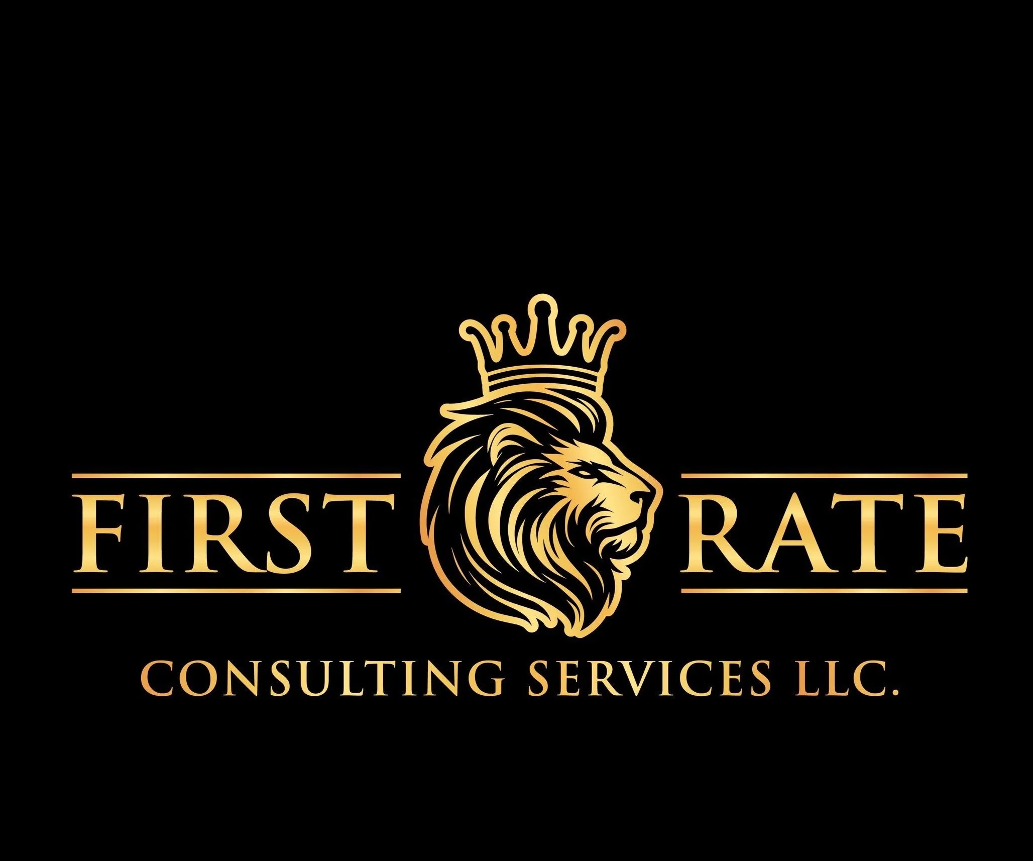 A logo for First Rate Consulting Services LLC featuring a gold lion's head with a crown on a black background.