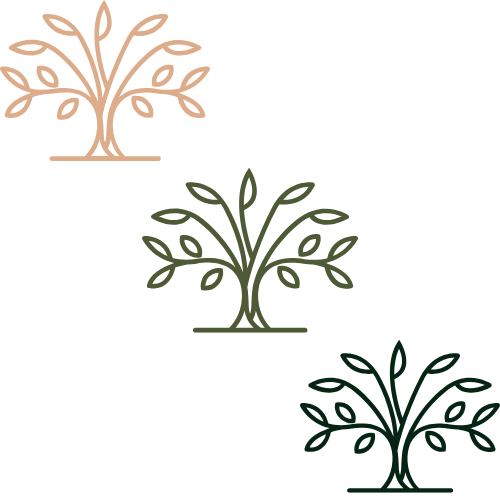 Three stylized tree icons in pink, green, and dark green, arranged vertically with space between.