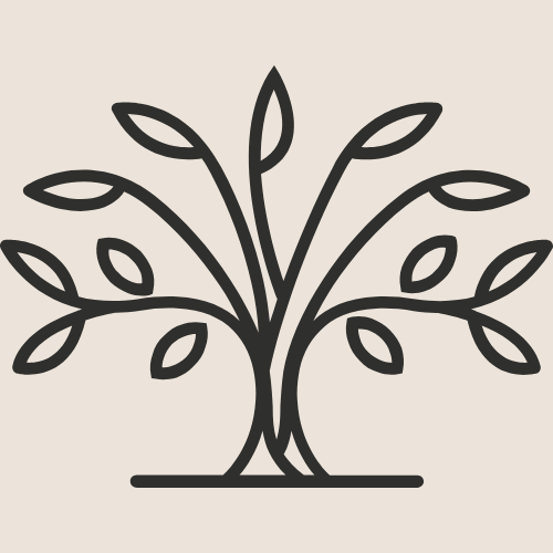 Line drawing of a stylized tree with multiple branches and leaves on a light background.