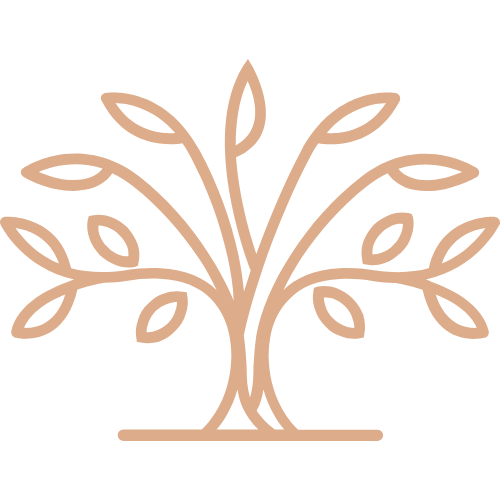 Minimalist line drawing of a tree with leaves.