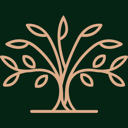 Minimalist illustration of a tree with multiple branches and leaves, in beige on a dark green background.