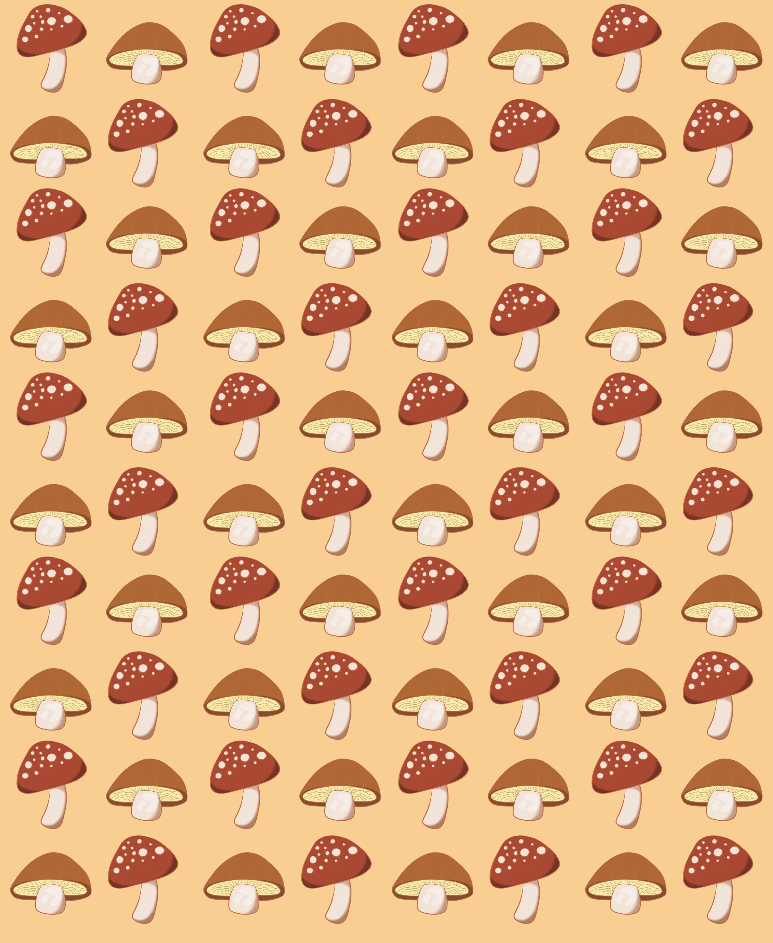 Block print repeating pattern with different mushrooms color variation.