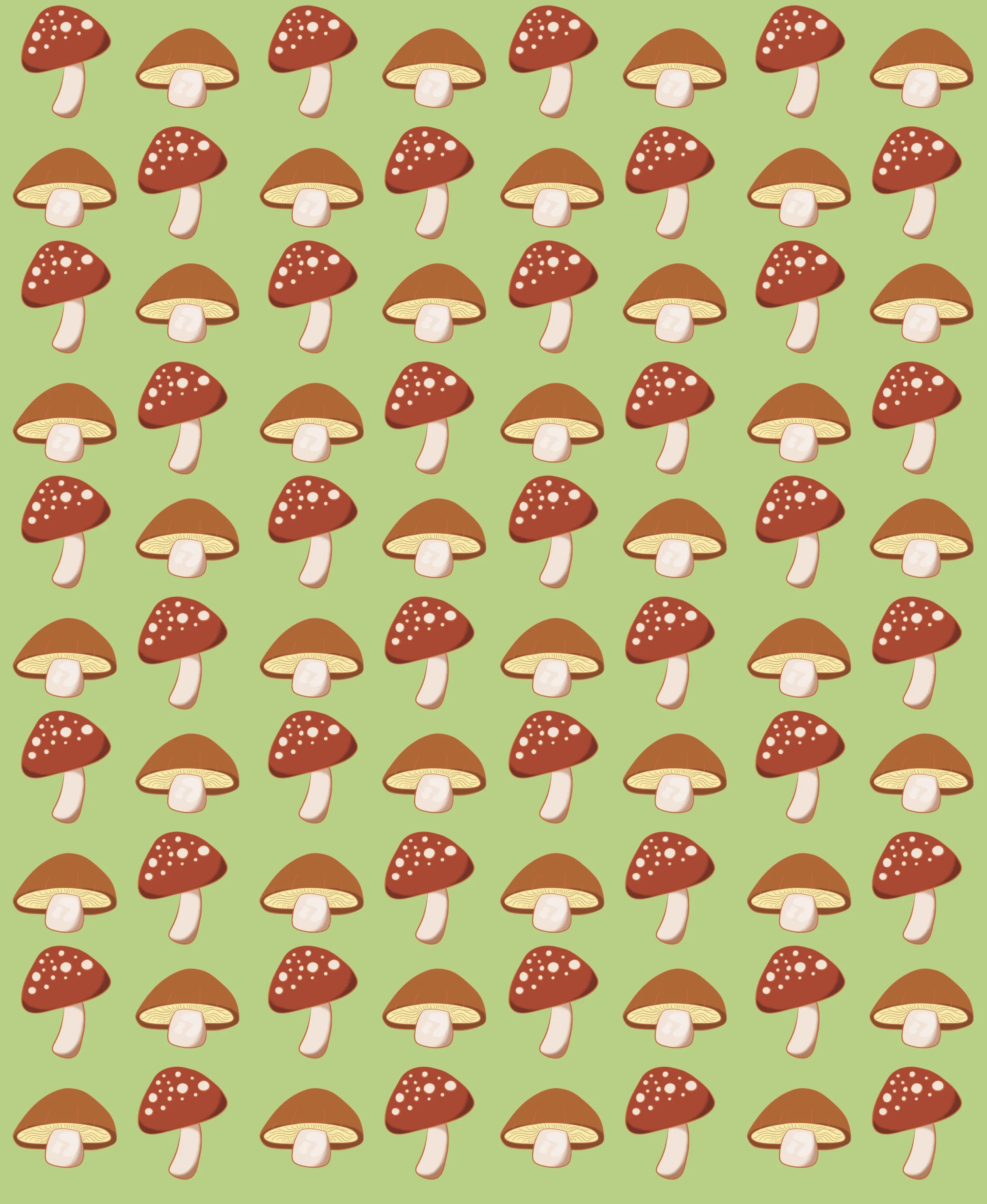 Block print repeating pattern with different mushrooms color variation.