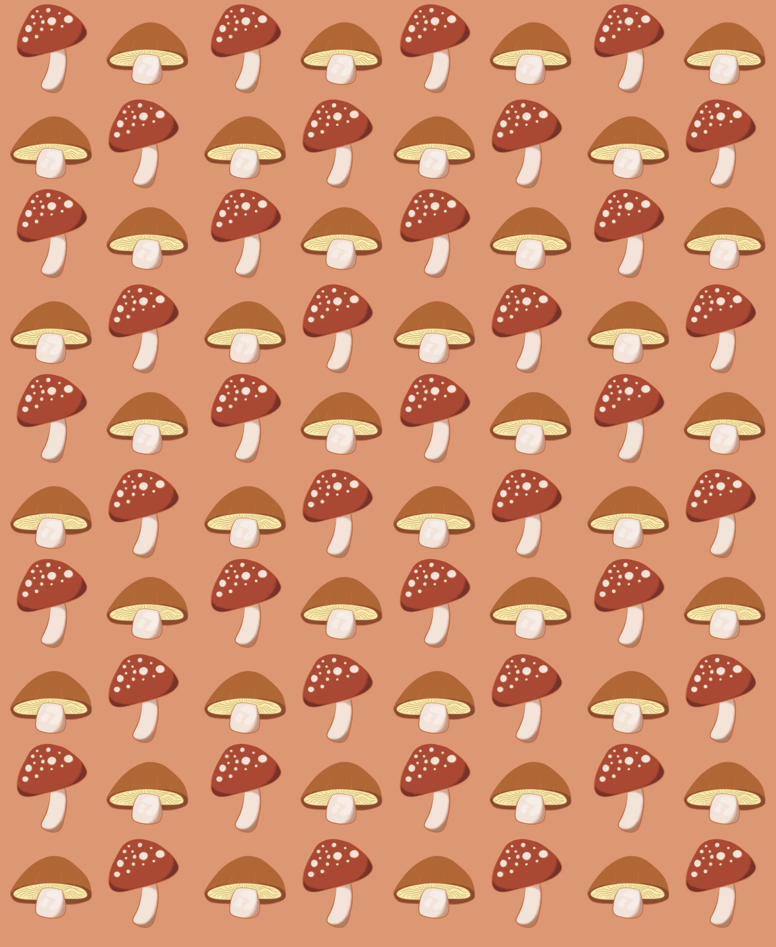 Block print repeating pattern with different mushrooms color variation.