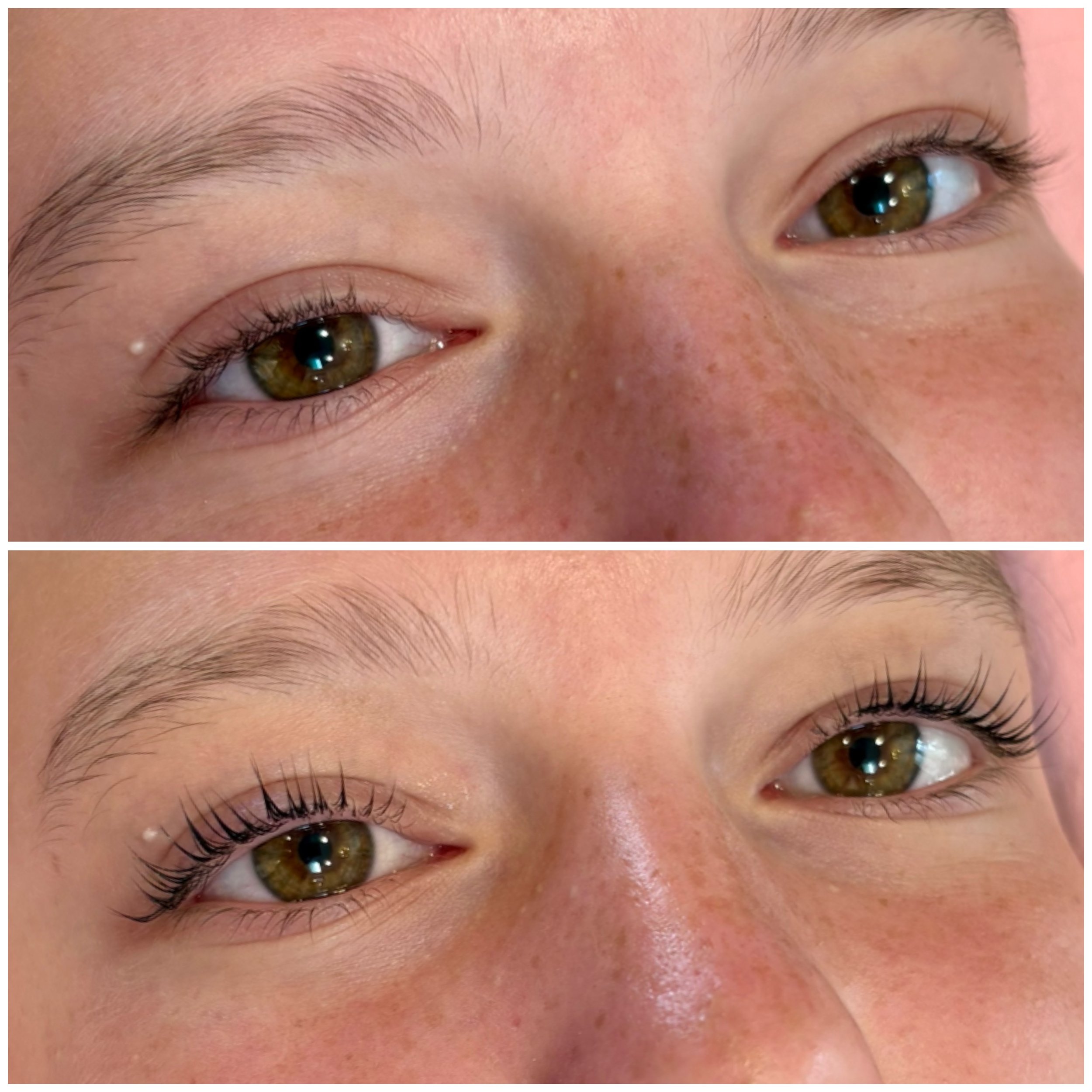 Close-up of a person's eyes and eyebrows, showing a before and after comparison of eyelash extensions or enhancements.