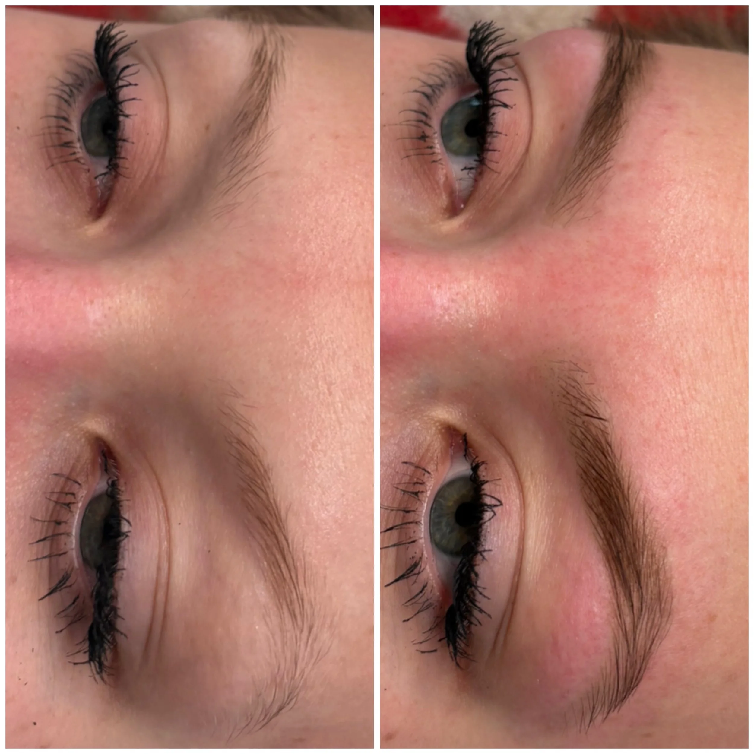 Close-up of a woman's face with eye makeup, showing before and after eyelash extension application, including eyebrows, eyelids, and eyelashes.