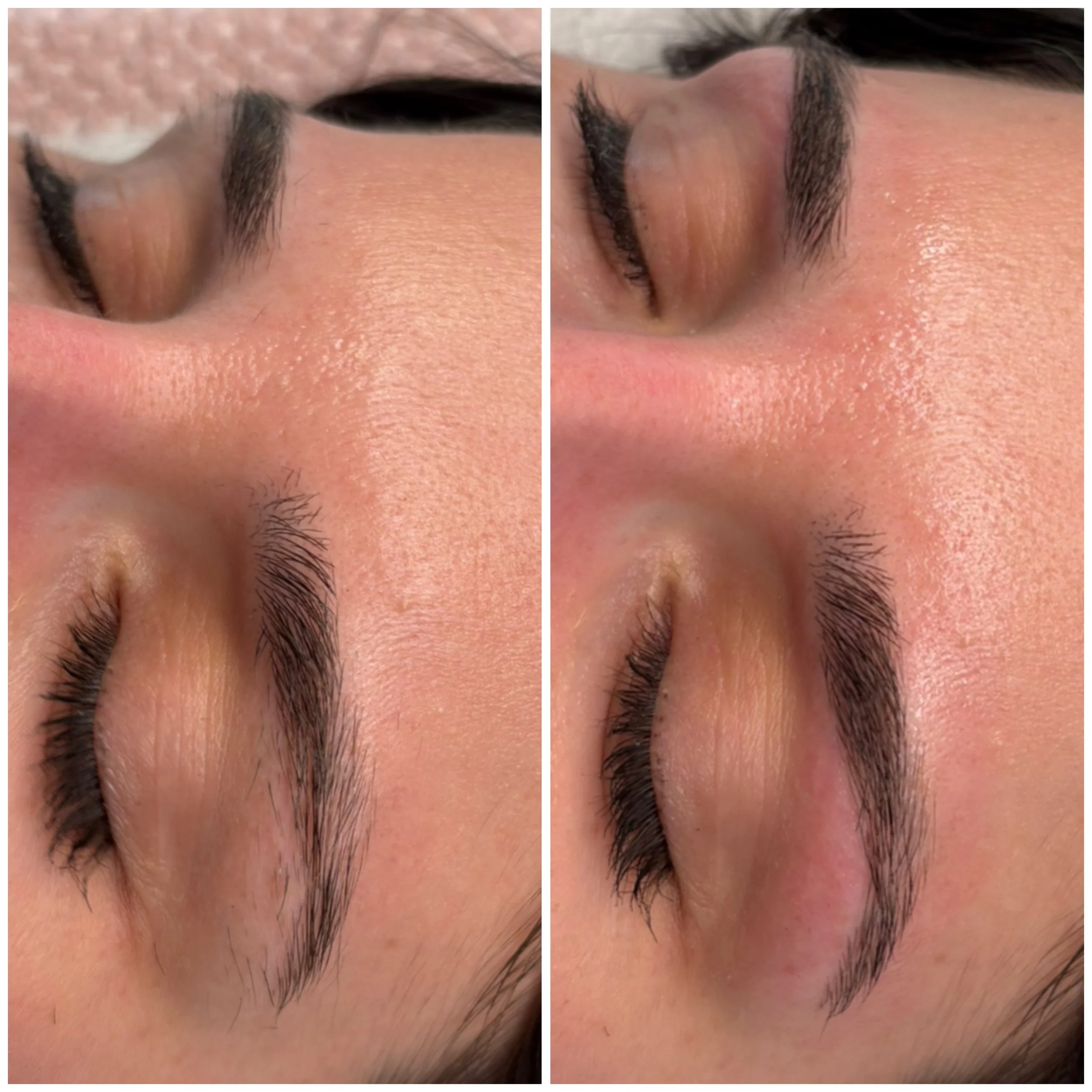 Close-up of a woman's eyes and eyebrows before and after eyelash extension or enhancement, showing fuller, darker eyelashes on the right side.