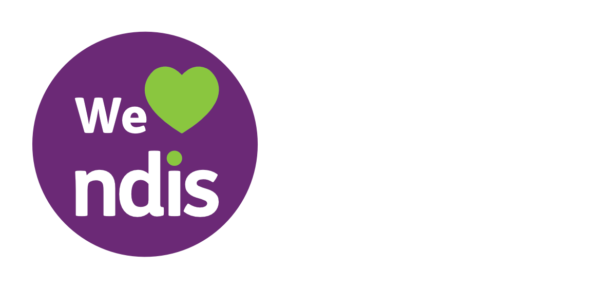 Logo with purple background circle, green heart, and white text that says 'We love ndis' next to black text that reads 'Registered NDIS Provider'.