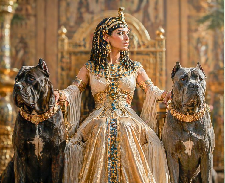 A woman dressed in ornate, gold and blue Egyptian-style clothing seated on a throne with two large dogs, all adorned with gold jewelry, in a richly decorated setting.