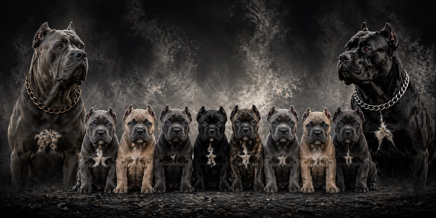 A group of ten dogs, with two large adult dogs on the ends and eight puppies in the middle, all with muscular builds and chiseled faces, sitting against a dark, textured background.