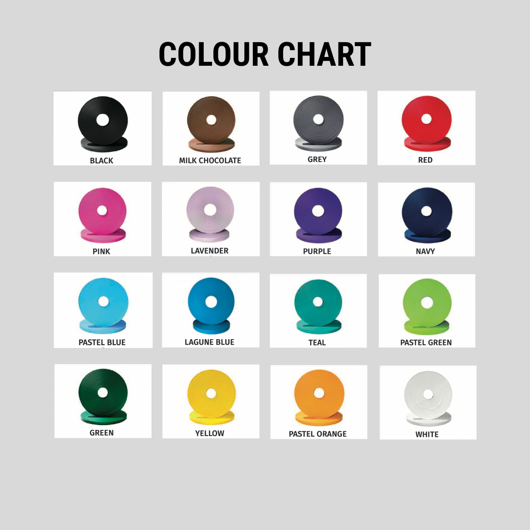 A color chart with 15 circular swatches, each labeled with a different color name including black, milk chocolate, grey, red, pink, lavender, purple, navy, pastel blue, lagune blue, teal, pastel green, green, yellow, pastel orange, and white, arranged in a 4x4 grid.