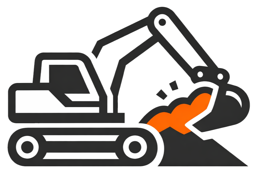 Line drawing of an excavator with a black and white color scheme, orange scoop, and black tracks.