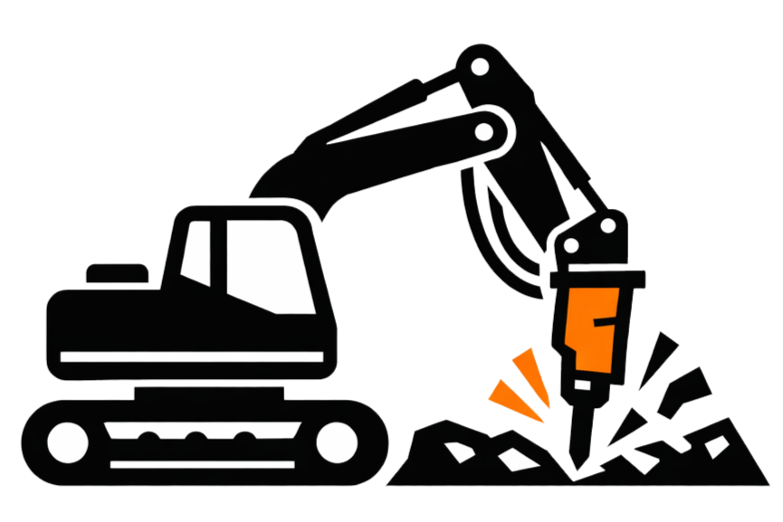 illustration of a black excavator with orange attachment digging into rocks.
