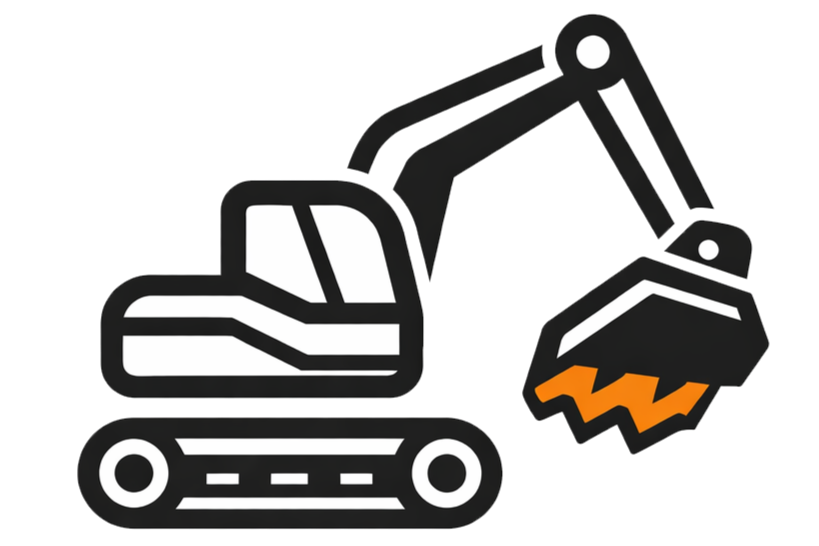A digital drawing of a black and white excavator with an orange bucket