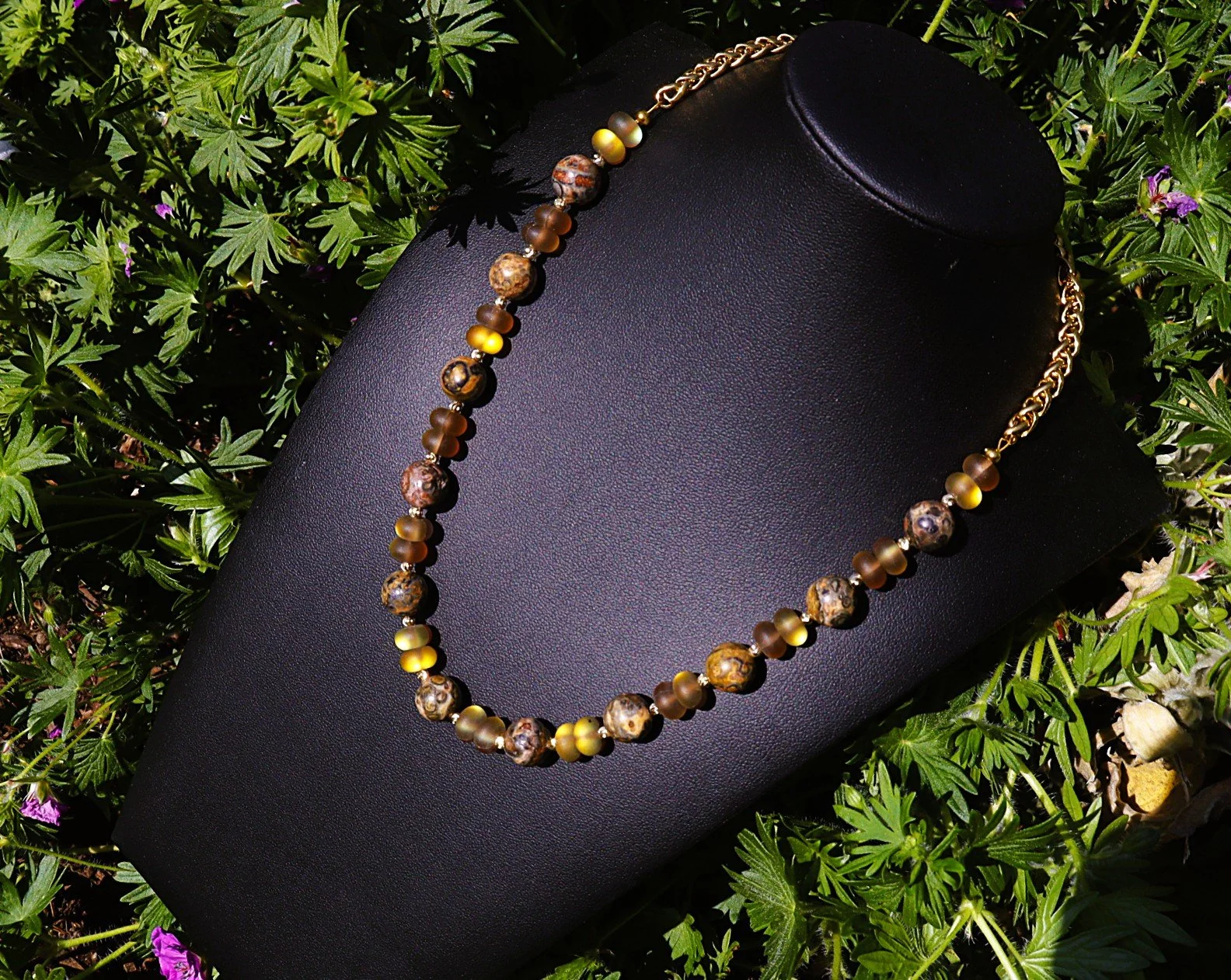 Mystic Topaz Glass Bead Necklace with Gold Chain