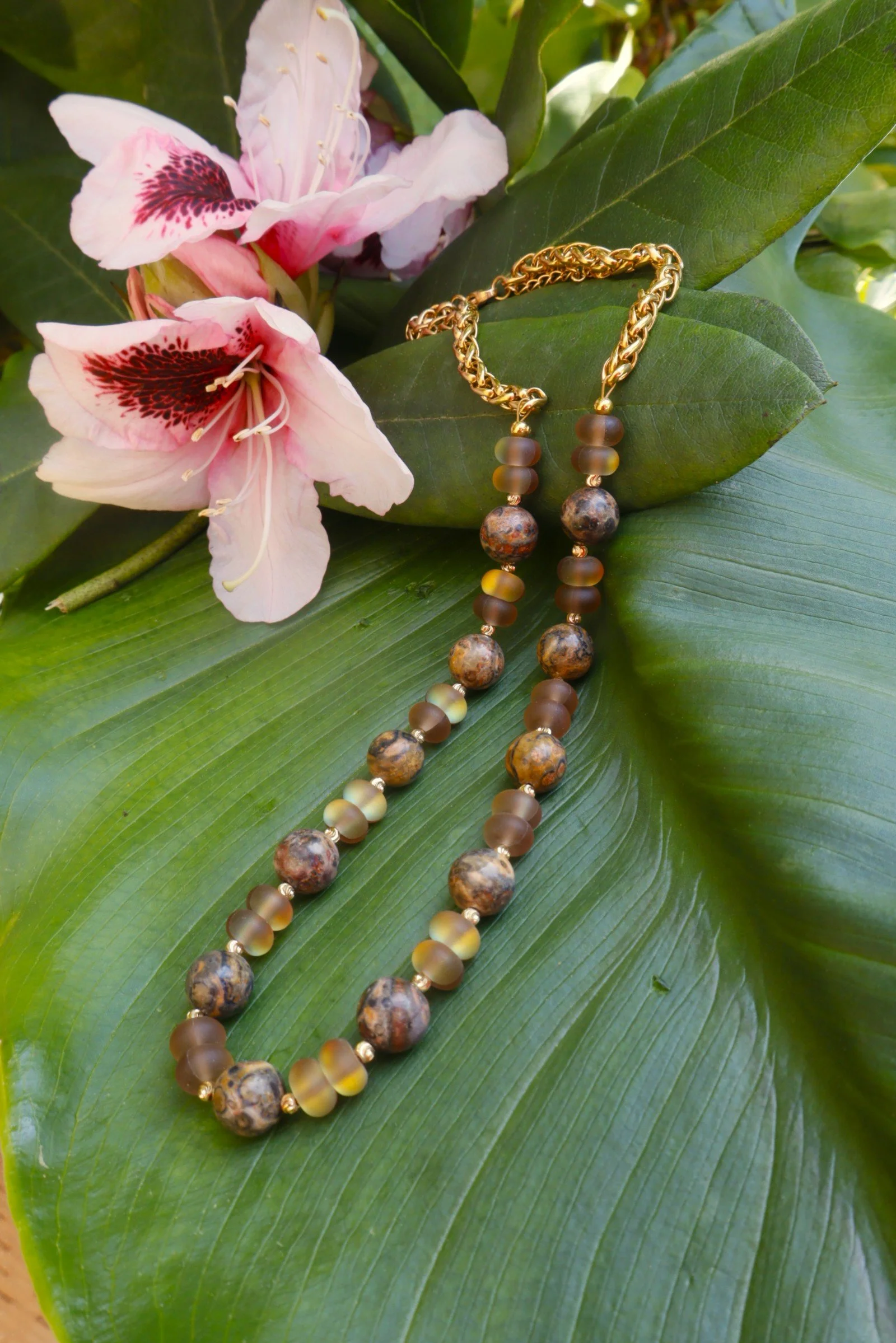 Gold-Tone Weave Chain Necklace with Leopard Jasper & Frosted Glass BEads