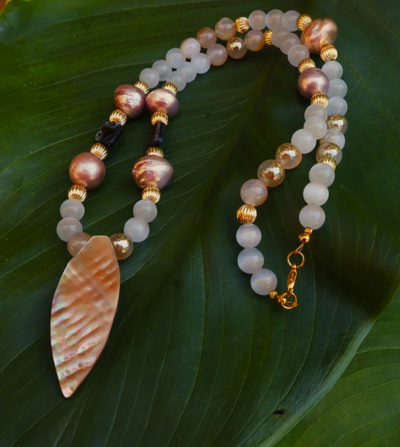 21" Beaded Necl\klace with Gold Plated Spacer Beads, Cat-Eye Selenite & Edison Freshwater Pearls
