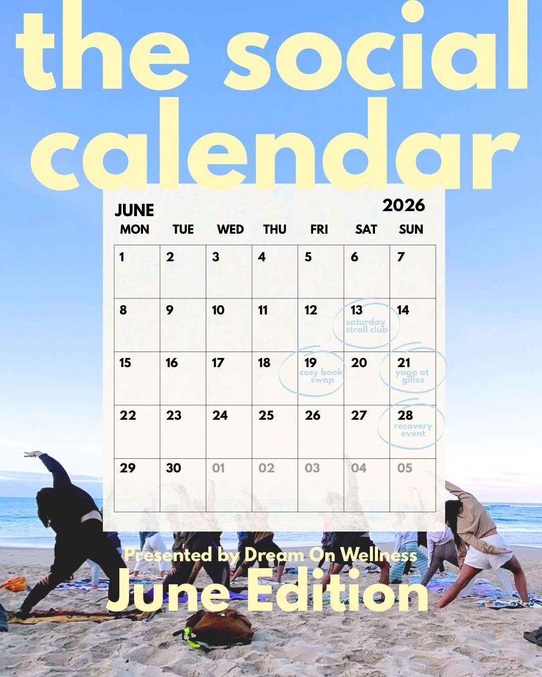 JUNE&rsquo;S EVENTS ARE HERE 🤍✨

Your social calendar just got a massive connection upgrade! 

Walks. Yoga. Book swaps. Cosy nights. New friendships. 

Come alone and leave with so much more than expected. 

I can&rsquo;t wait to see you there! Book