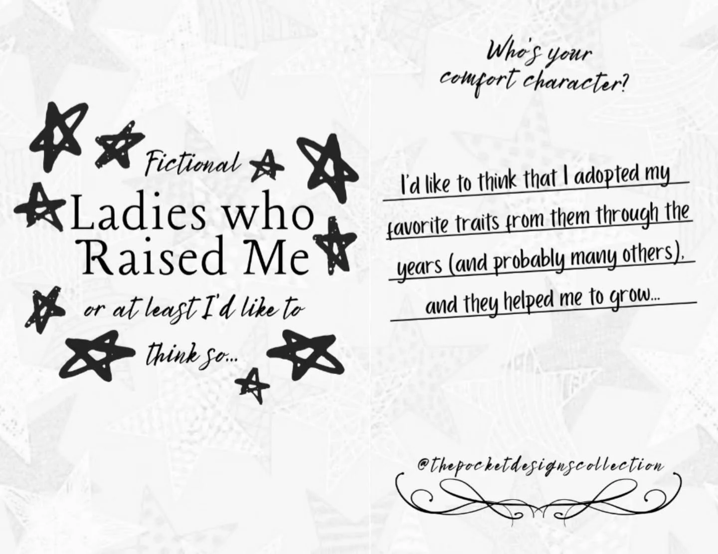 : GET TO KNOW ME! I scanned in my silly little zine to share! My favorites are definitely my DC ladies, they left a HUGE impact on me before I was in my teens! But there's definitely others I didn't list that I probably took bits and pieces from. The