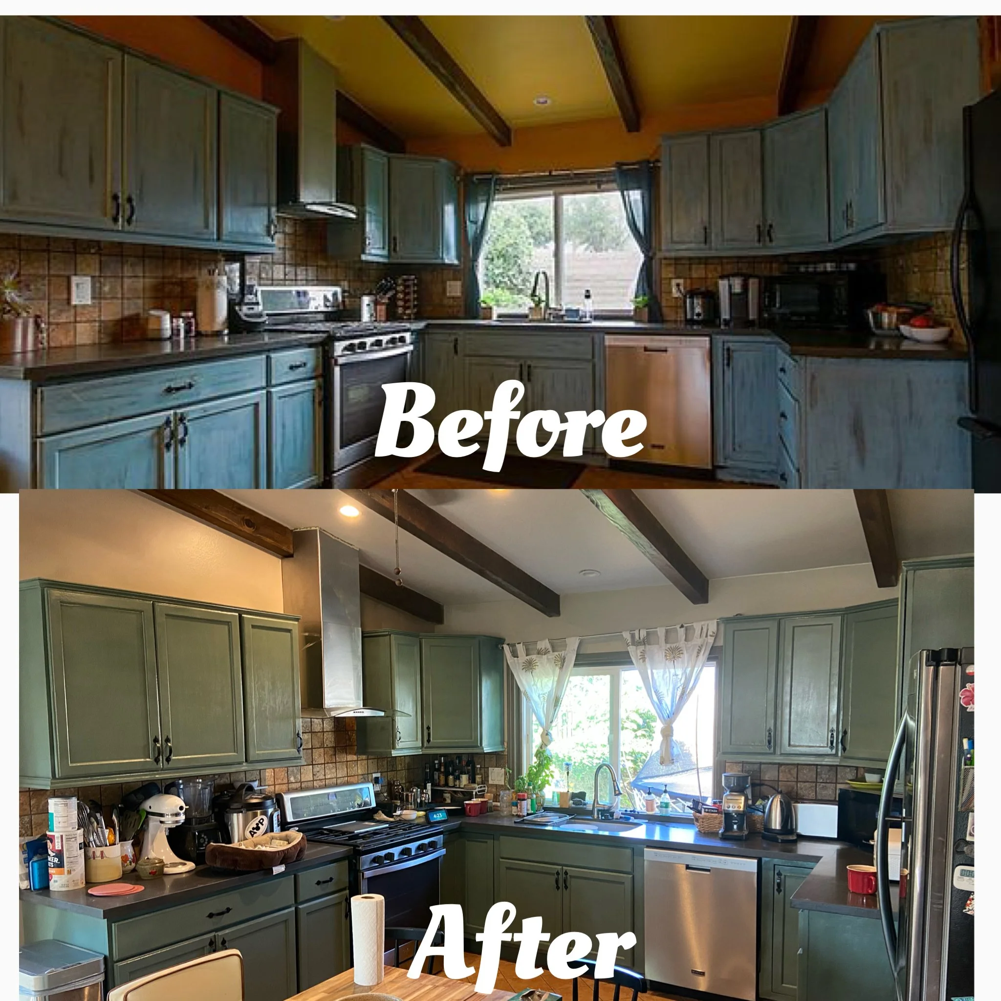 Side-by-side comparison of a kitchen before and after renovation. The "Before" image shows a kitchen with blue cabinets, cluttered countertops, and an orange ceiling. The "After" image shows a cleaner kitchen with green cabinets, a more organized cou