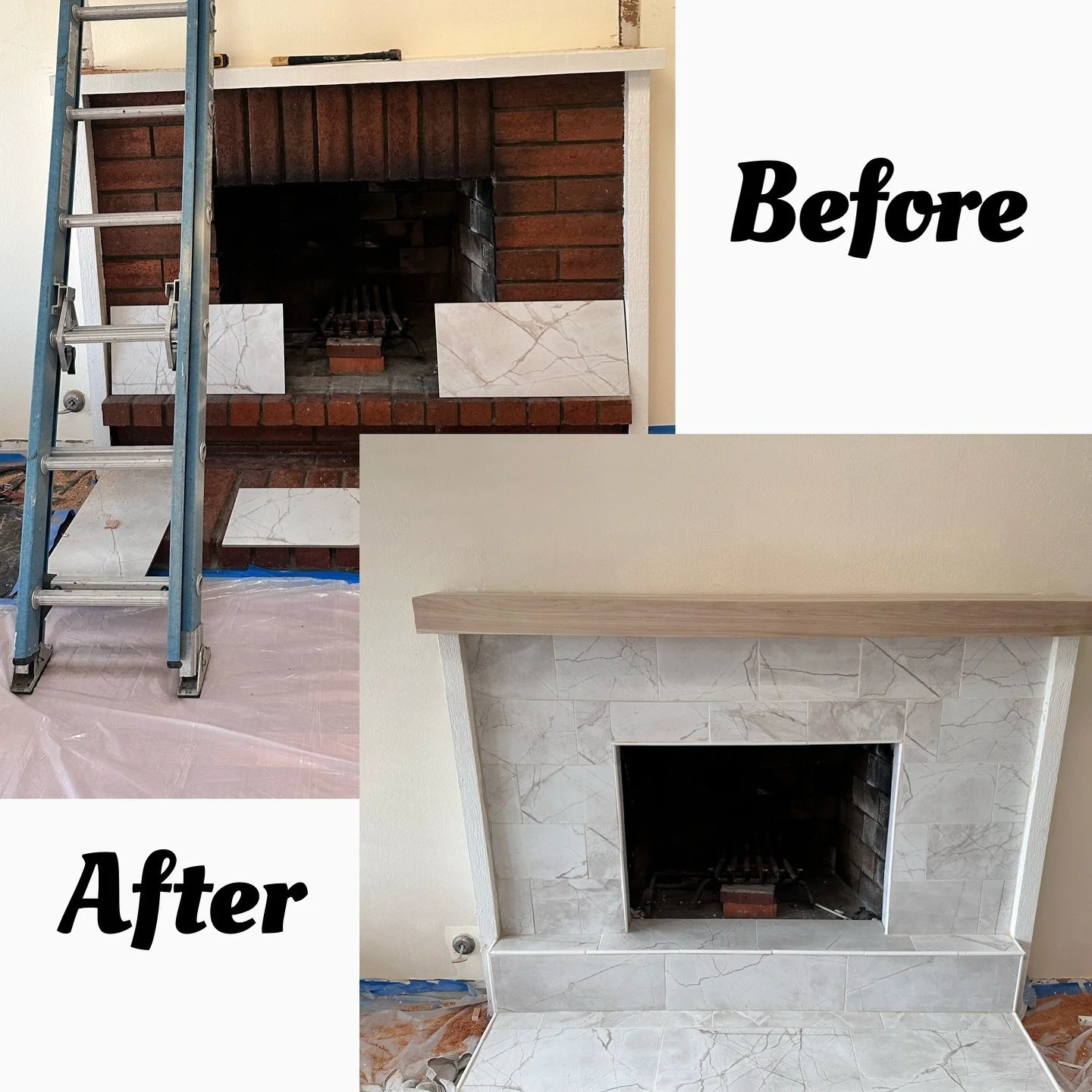 Another fireplace renovation by yours truly. Got rid of the existing wood surround, patched up the walls, installed new tile, and built a custom mantle out of Poplar.