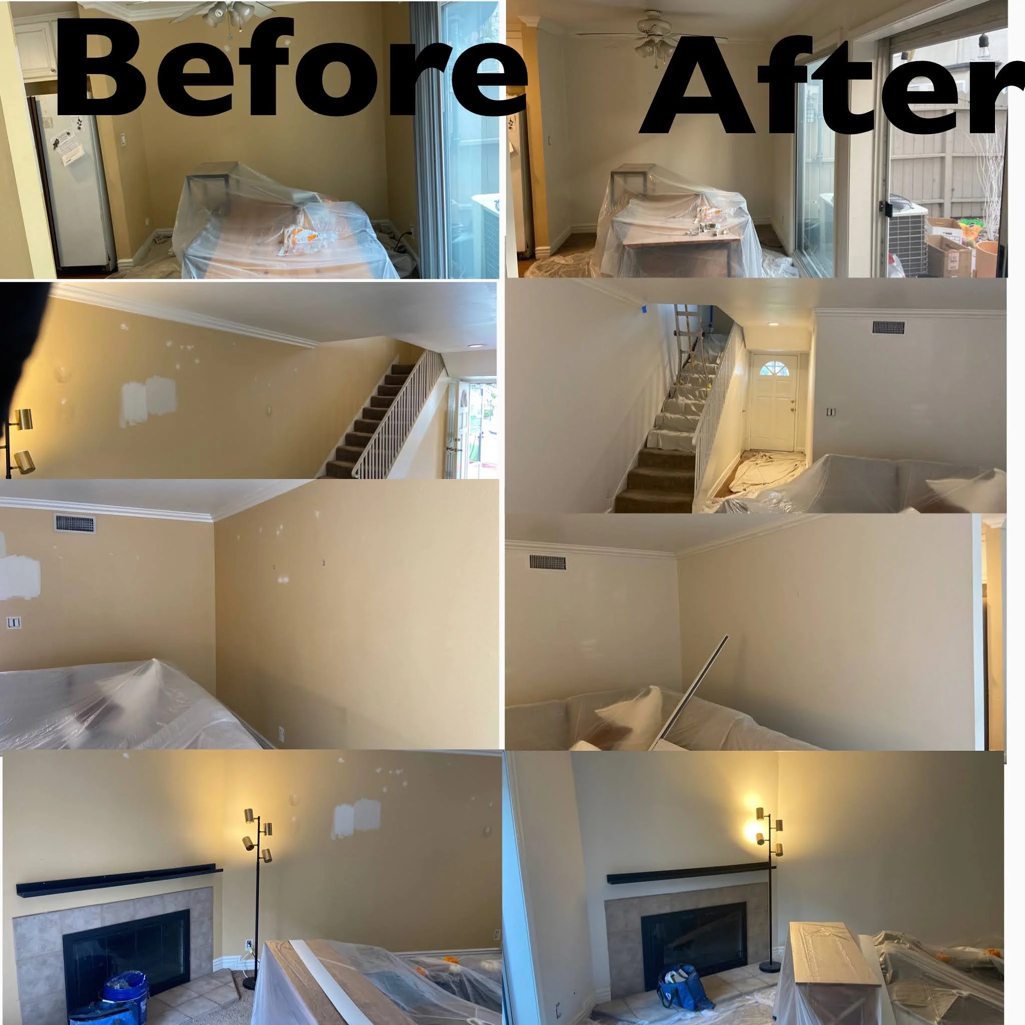 Sequence of photos showing a home's living room and staircase before and after renovations; wall patches and paint marks visible in the "before" images, and a finished fireplace with new paint and decor in the "after" images.