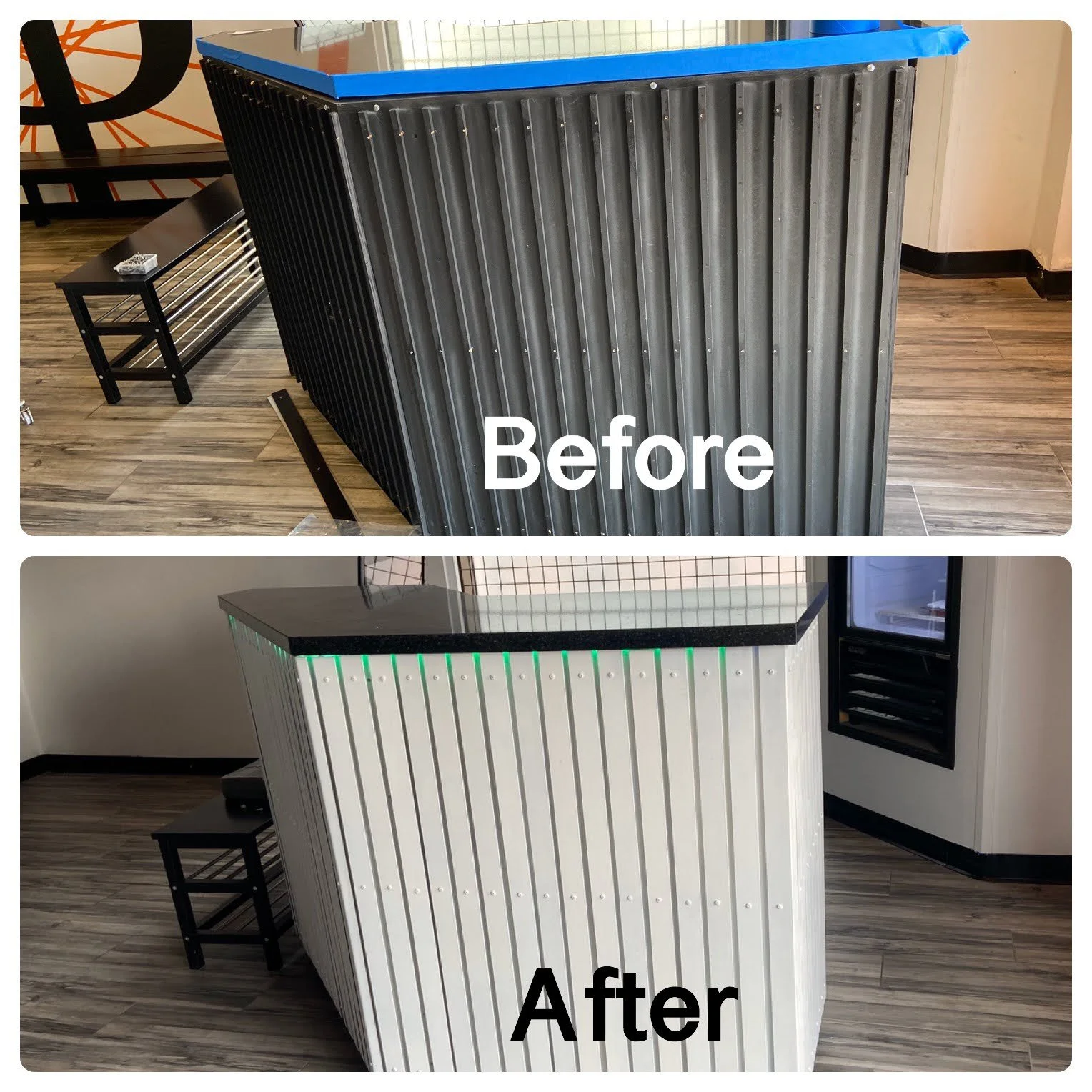 Side-by-side comparison of a bar or counter before and after renovation. The 'Before' image shows a black metal structure with a blue top, while the 'After' image features the same structure painted white with a black top, and green LED lights along 