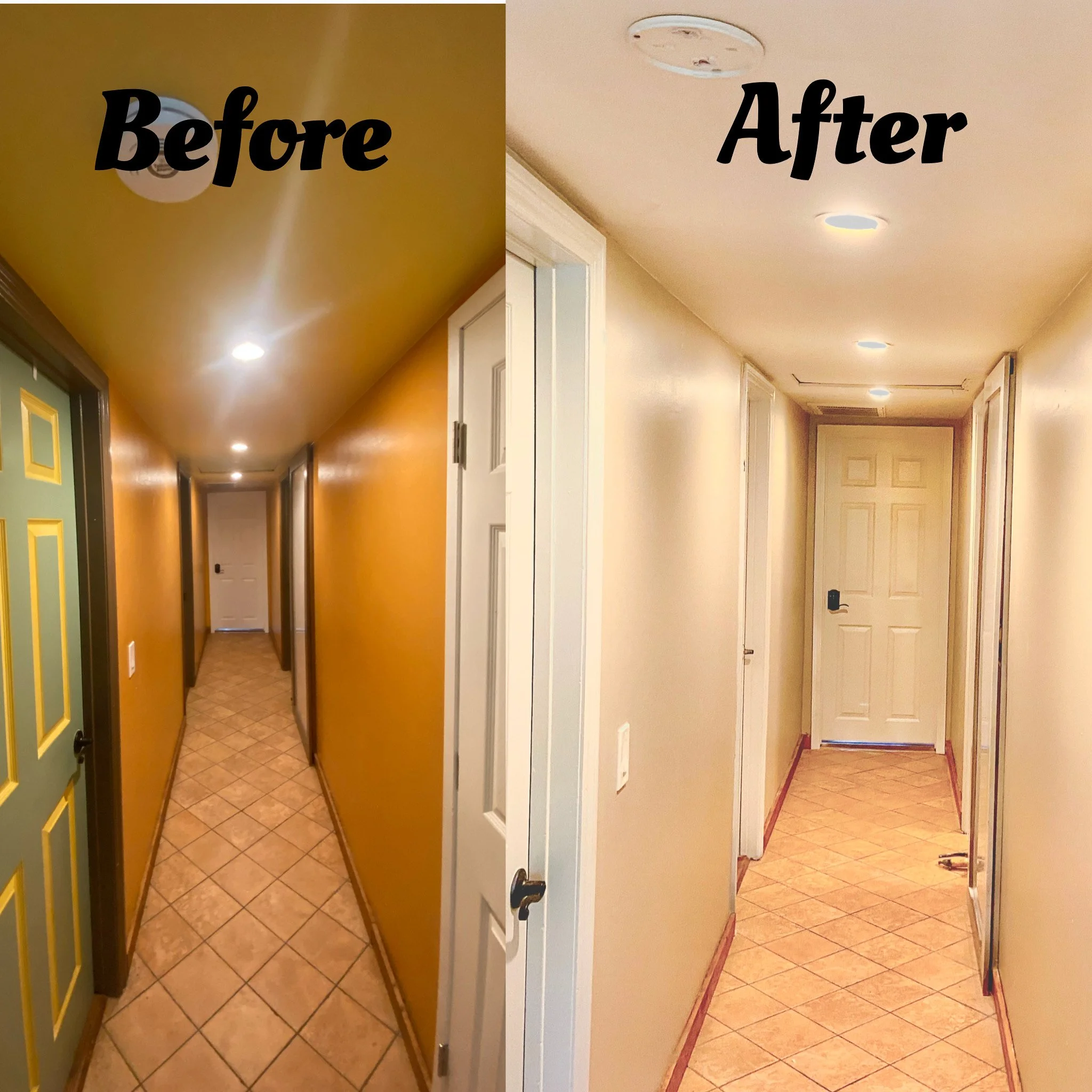 Side-by-side comparison of a hallway before and after renovation. The 'Before' side shows a hallway with yellow walls, a ceiling light fixture, and a tiled floor. The 'After' side shows a bright hallway with light-colored walls, new ceiling lights, a
