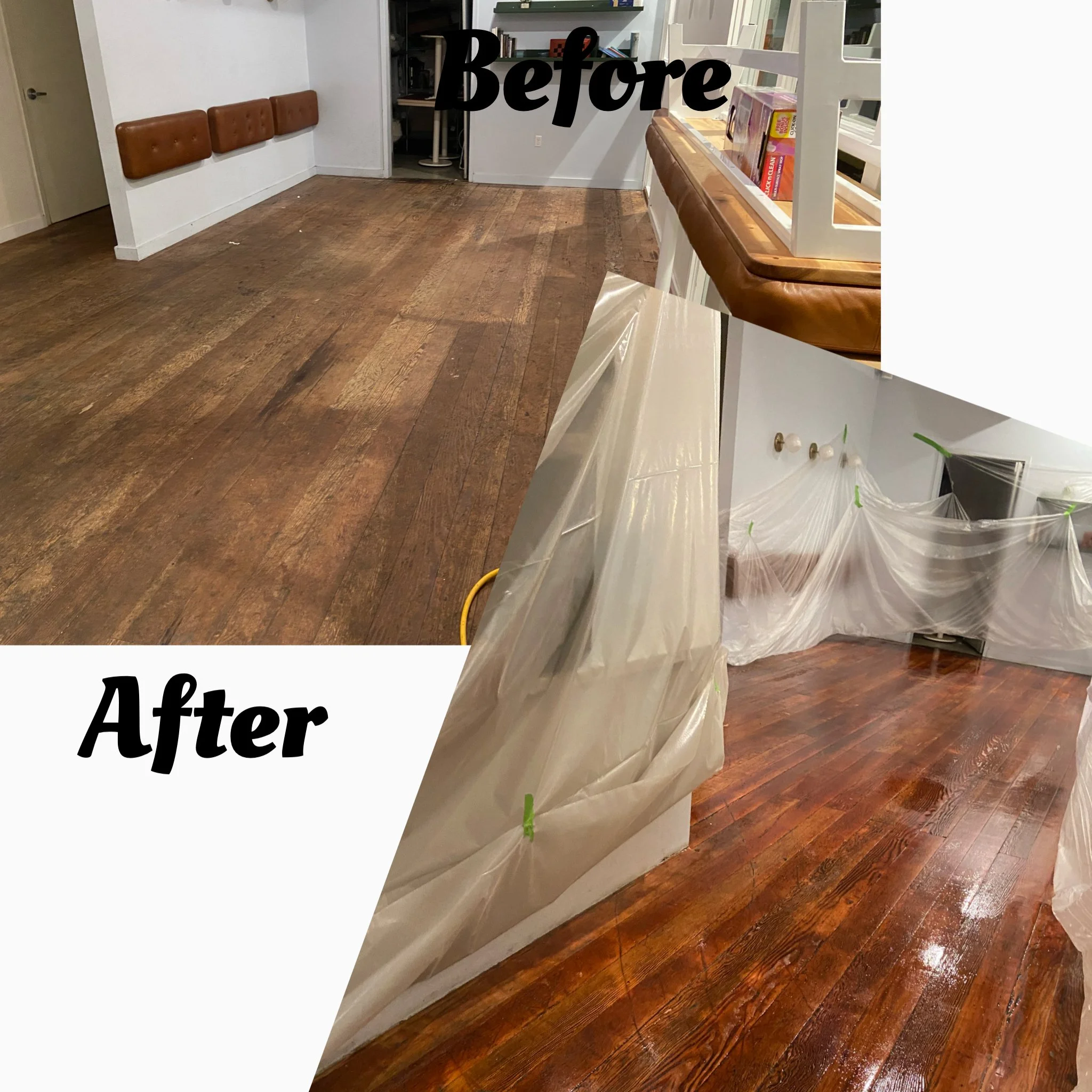 A room with a wooden floor, showing a before and after of wood floor refinishing. The before side has dull, worn wood, while the after side has a glossy, richly stained finish. The image is divided diagonally with the words "Before" and "After".