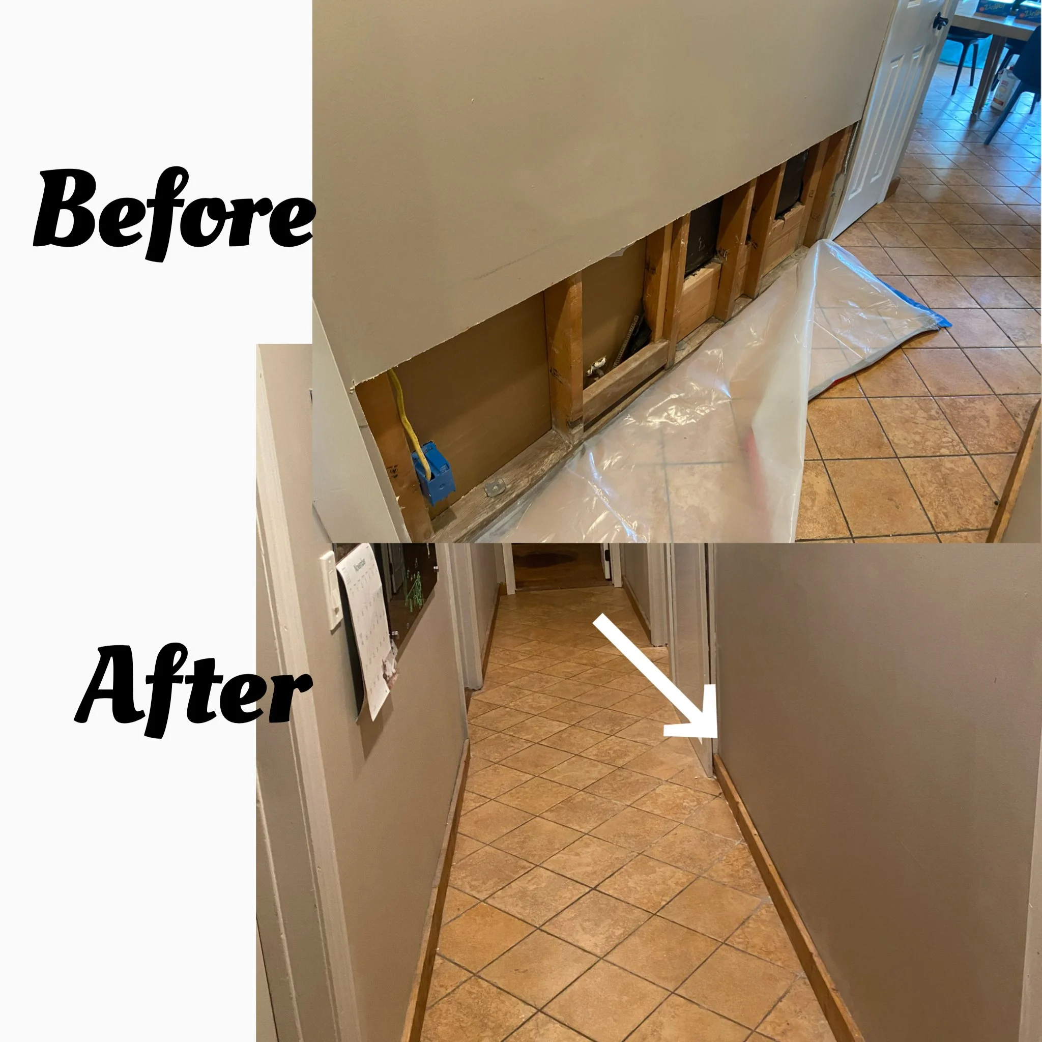 Comparison photo showing a kitchen or hallway before and after cabinet and baseboard repair. The 'before' shows an open wall with exposed wood framing and damaged drywall, while the 'after' displays a finished wall with a new baseboard covering the r