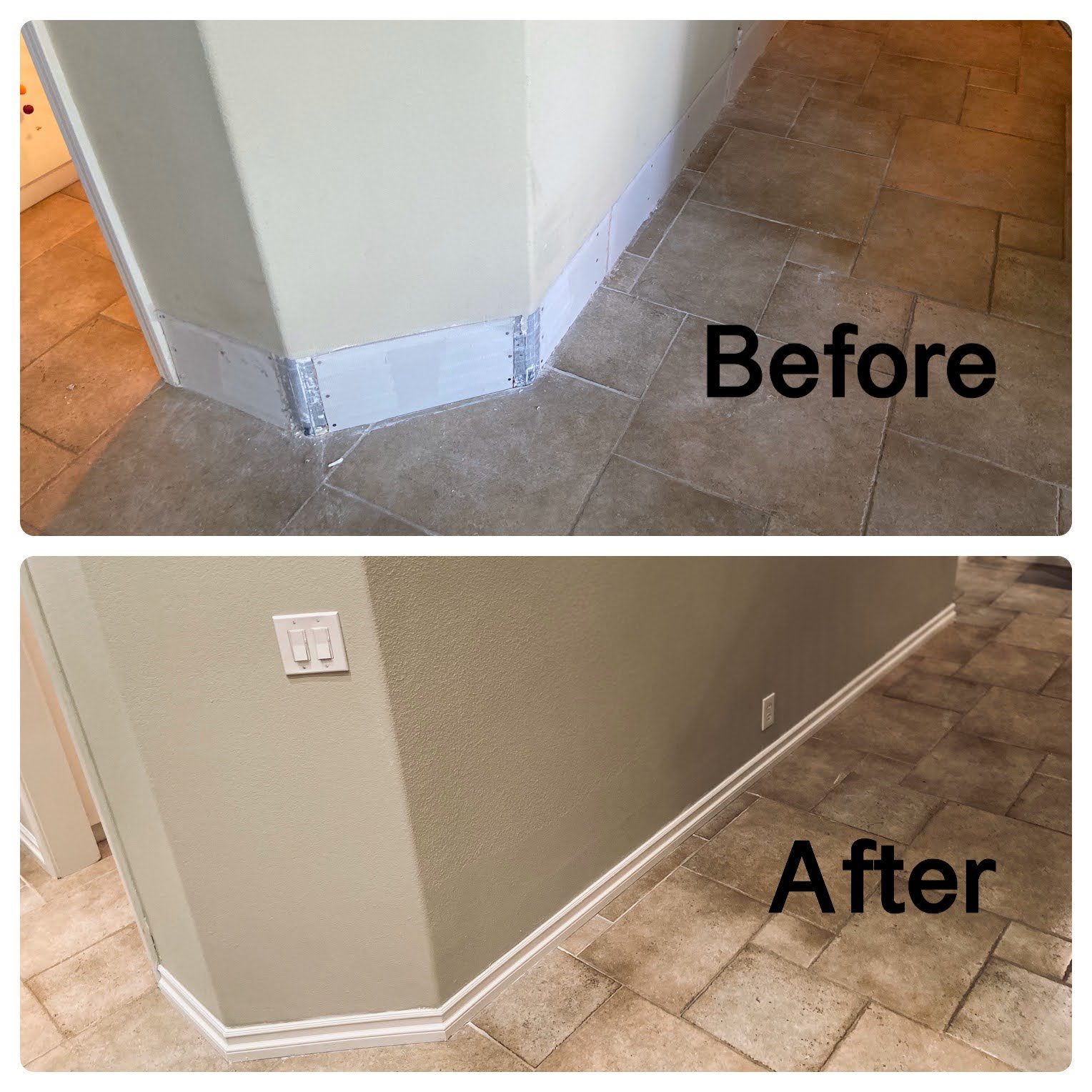 Comparison of a corner of a room before and after wall and baseboard renovation. The 'Before' picture shows an unfinished wall corner with exposed drywall and a damaged baseboard. The 'After' picture shows a finished wall with a smooth, painted surfa