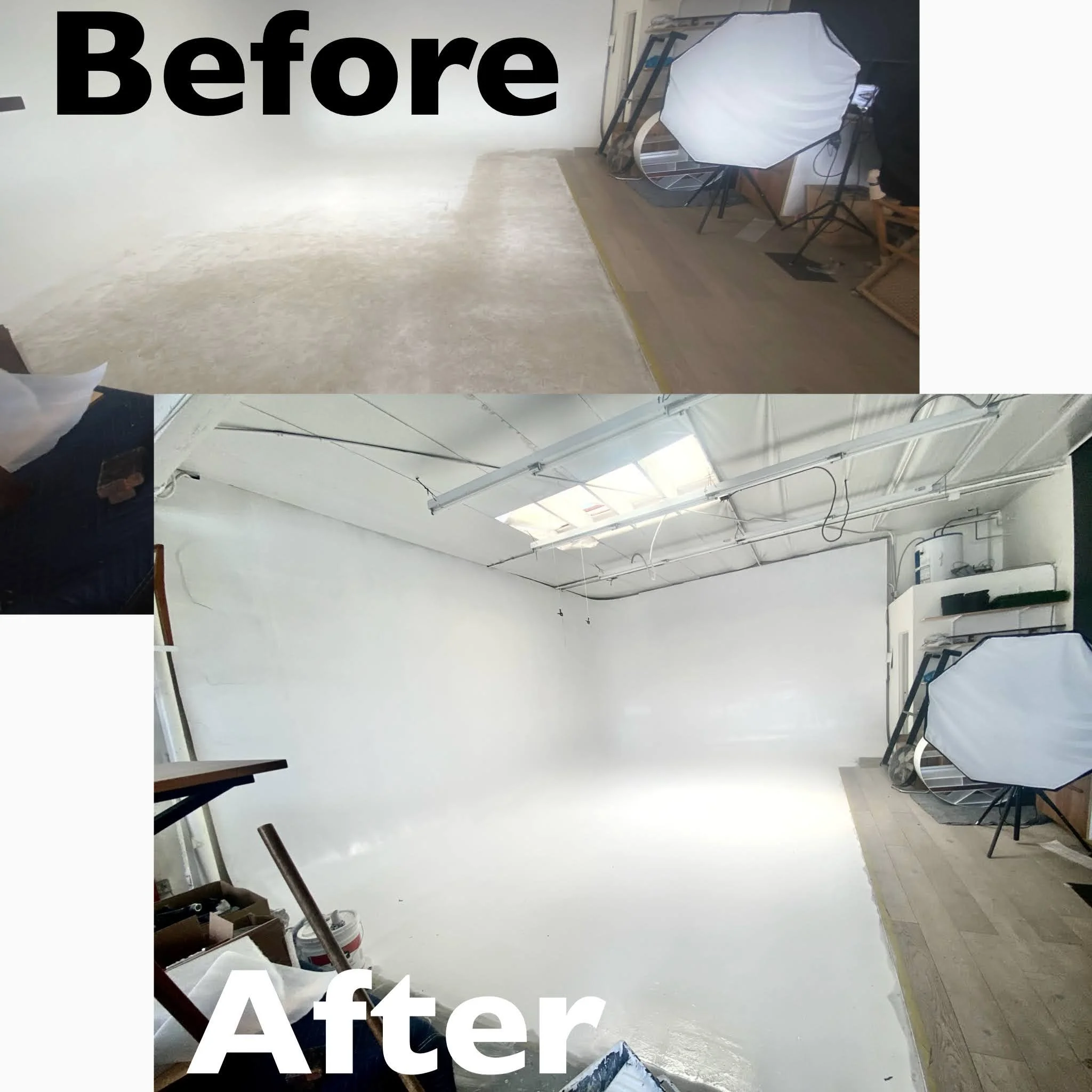 Comparison of a room before and after renovation: the top image labeled 'Before' shows a room with a beige carpet and no painted walls; the bottom image labeled 'After' shows the same room with a bright white painted wall, a ceiling with exposed fixt
