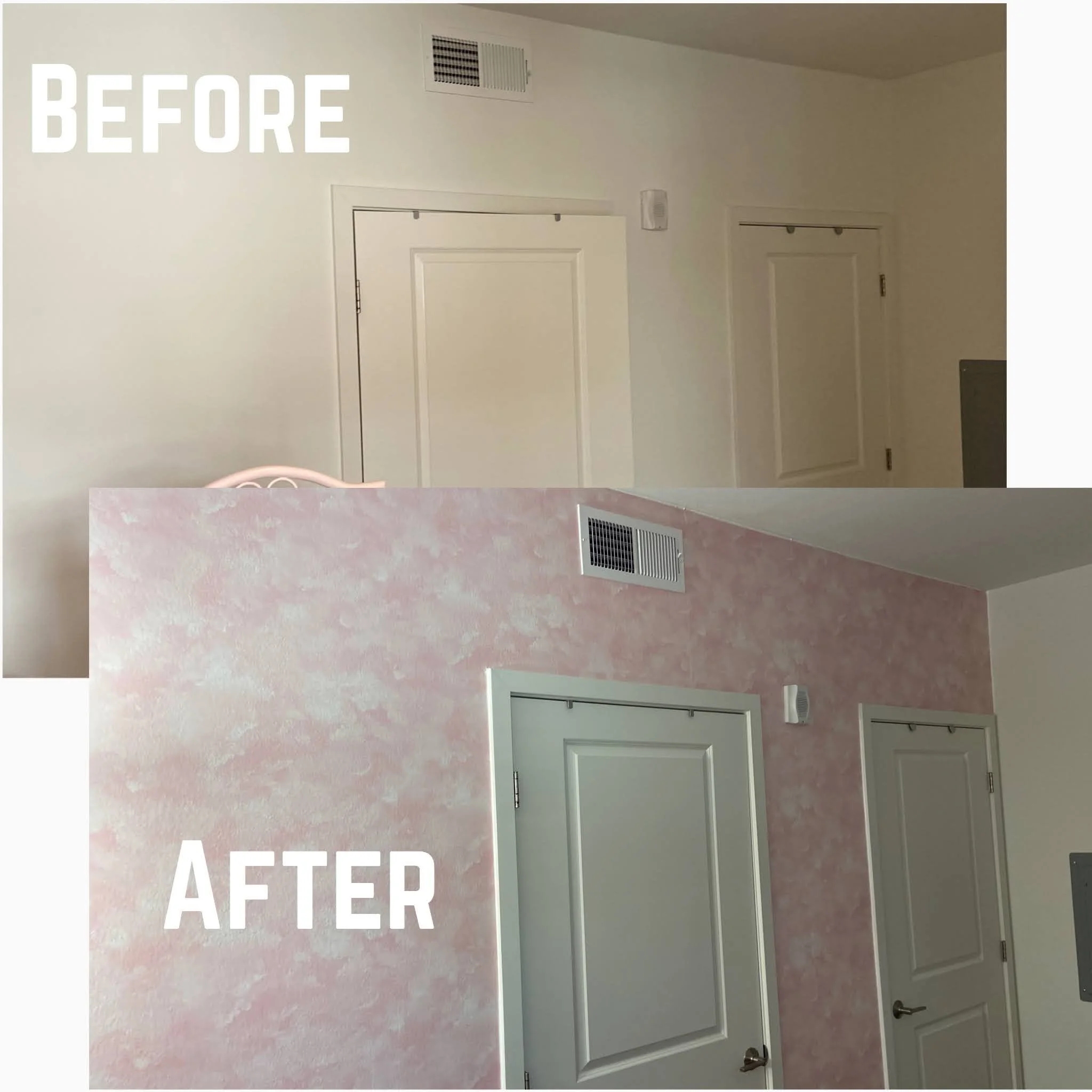 Comparison image showing a wall before and after a painting makeover. The "before" section features plain beige walls, while the "after" section showcases newly painted pink and white textured walls surrounding two closed doors and an air vent.