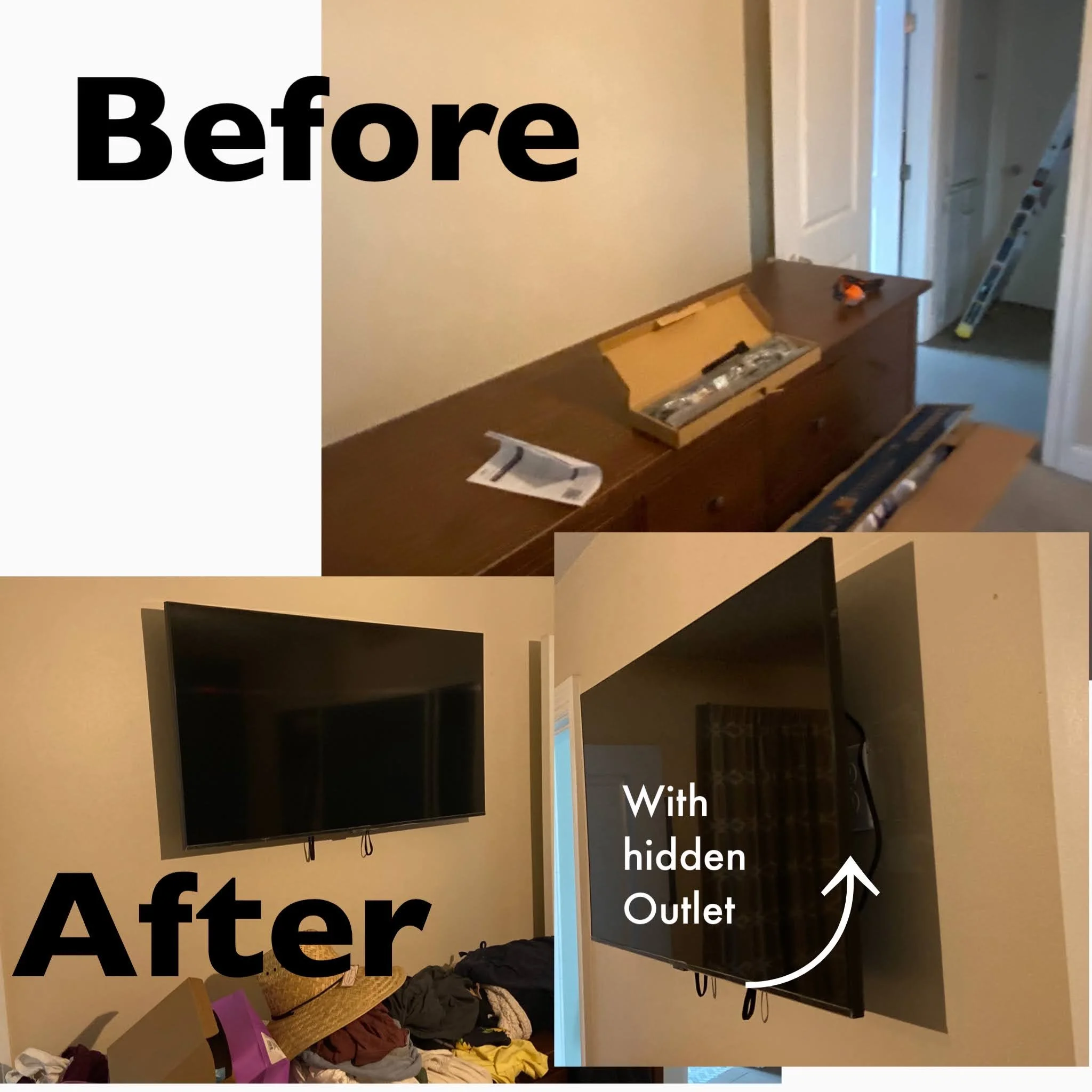 Comparison of a room before and after installing a hidden outlet behind a mounted TV, showing cluttered space before and neat setup after.