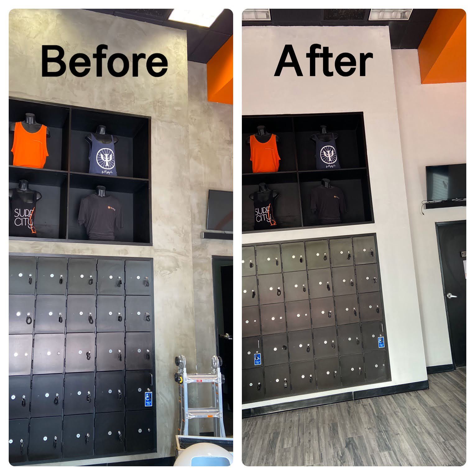 Comparison of a wall with lockers and shelf displays before and after cleaning; the 'before' side shows a dirty wall and lockers, the 'after' side shows a clean wall and lockers.