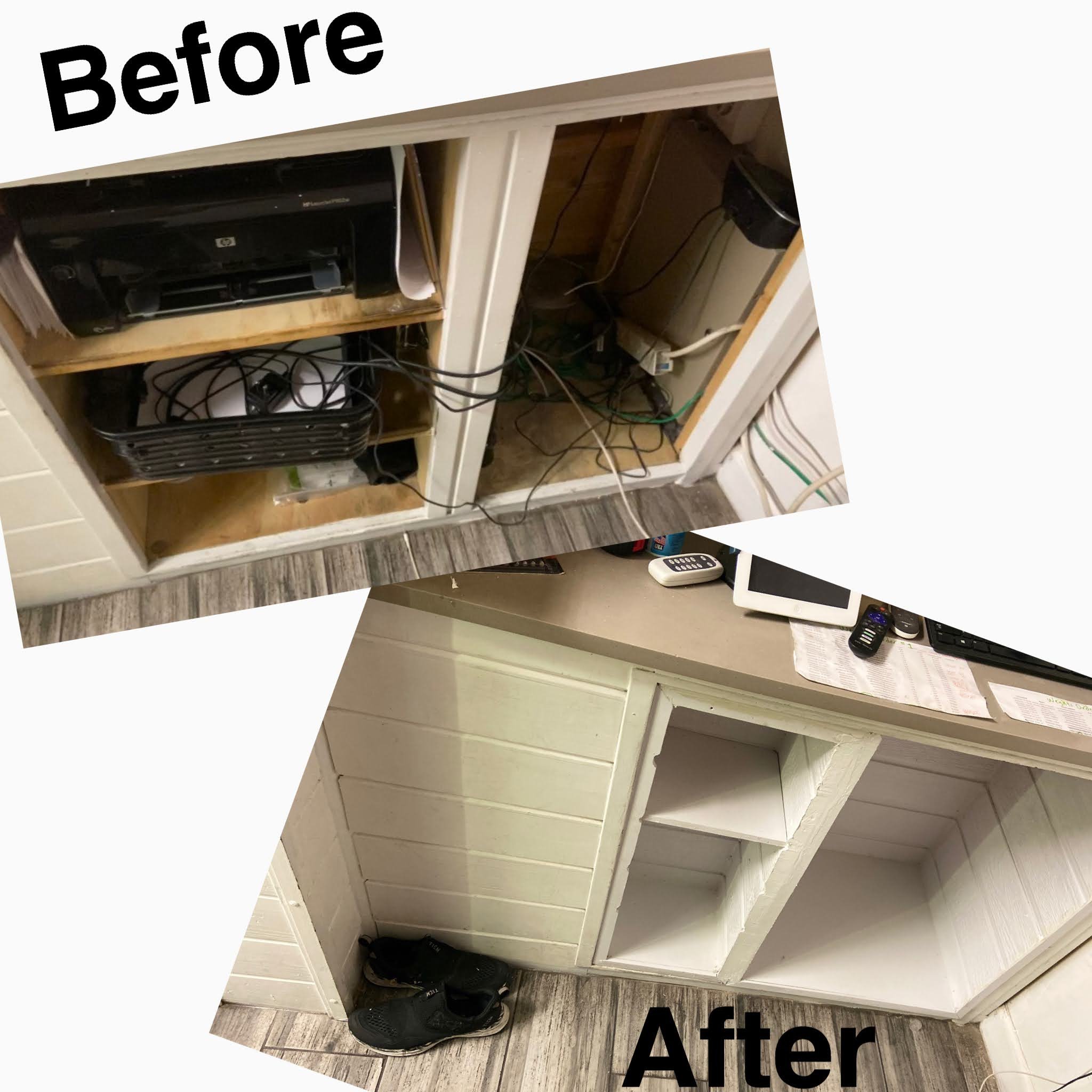 Comparison photo showing a desk area before and after cleanup; before has messy wires, electronics, and a printer, after shows organized shelves, cleaned surface, and a pair of shoes.