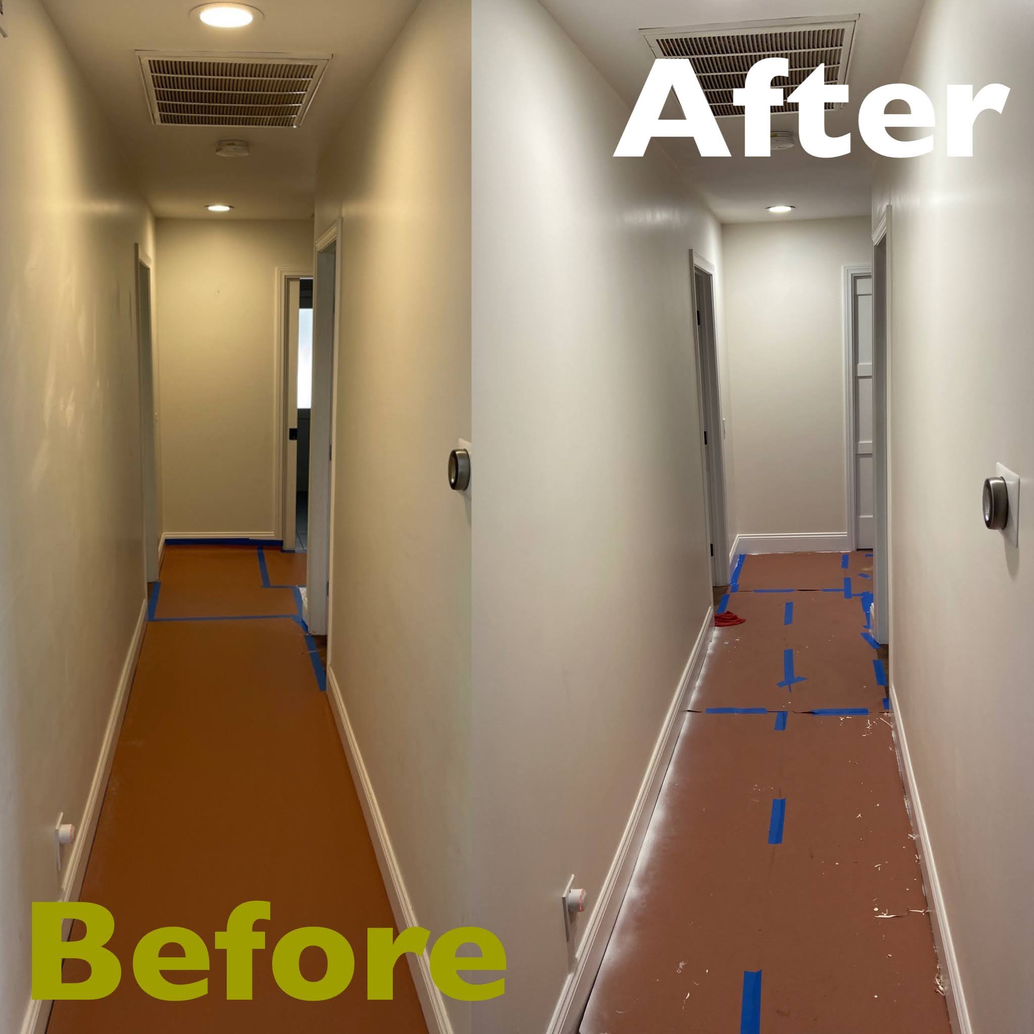 Side-by-side comparison of a hallway before and after renovation, showing removed carpet and painted walls. The left side labeled 'Before' with brown carpet, the right side labeled 'After' with painted walls and taped floor.